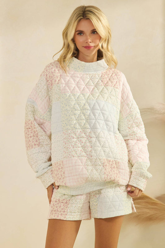 Floral textured mock neck sweater: Pastel combo