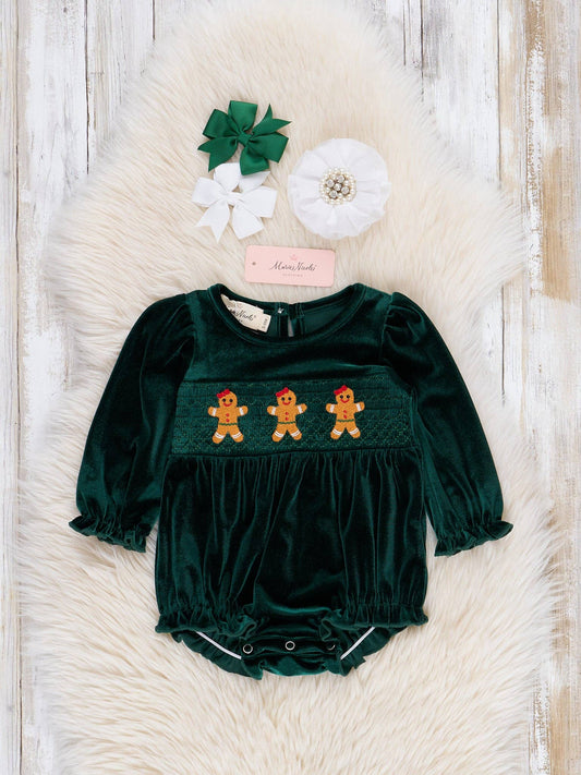 Deep Emerald Smocked Gingerbread Velvet Romper: 18/24MOS