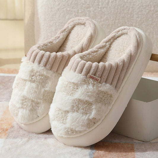 Checkered Fuzzy Warmies Slippers: White