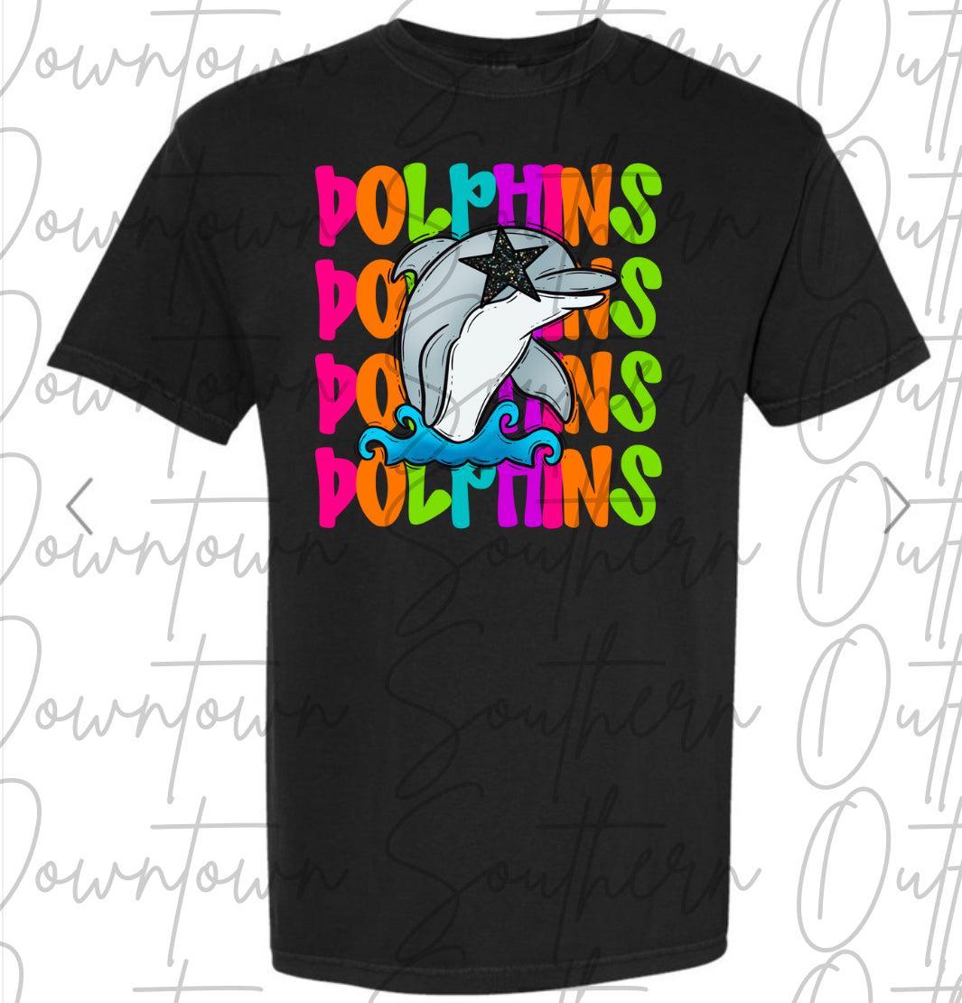 Dolphin 2 Multi Color Neon Stacked Black Tee
