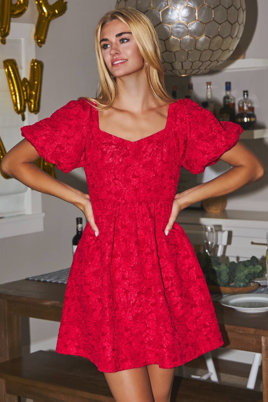 Satin Jacquard Baby Doll Dress Red