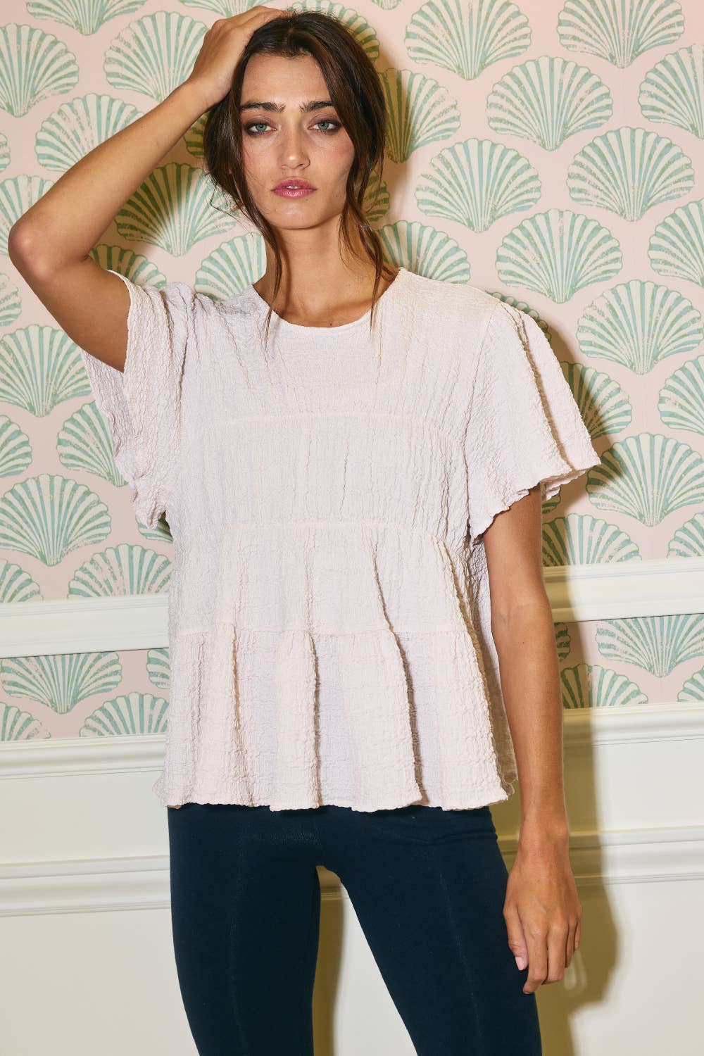Ruffle Tiered Babydoll Textured Top: CREAM