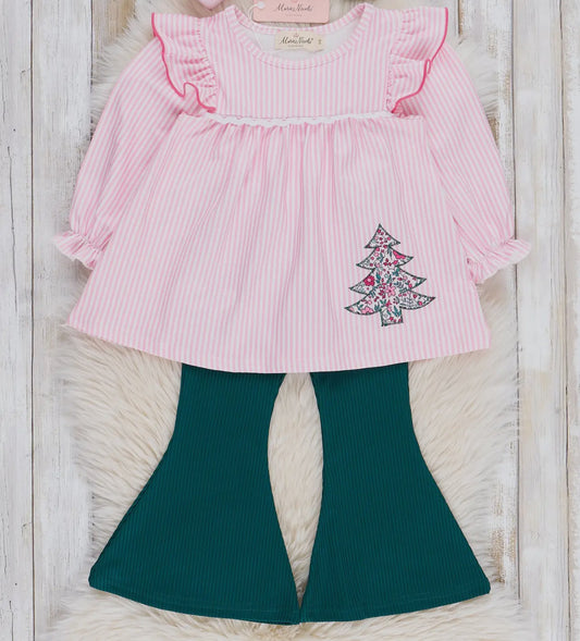 Youth Pink Striped Embroidered Floral Trees Bell Bottom Outfit