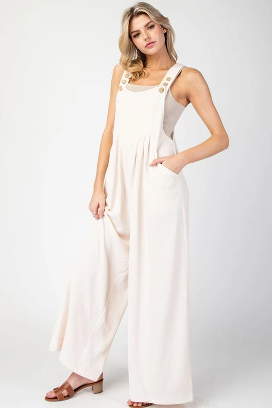 CREAM SOLID SLEEVELESS WIDE LEG JUMPSUIT