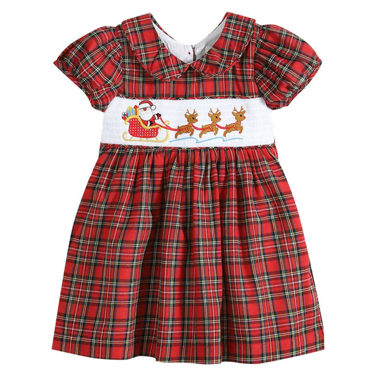 Youth Red Christmas Plaid Santa Sleigh Smocked Dress