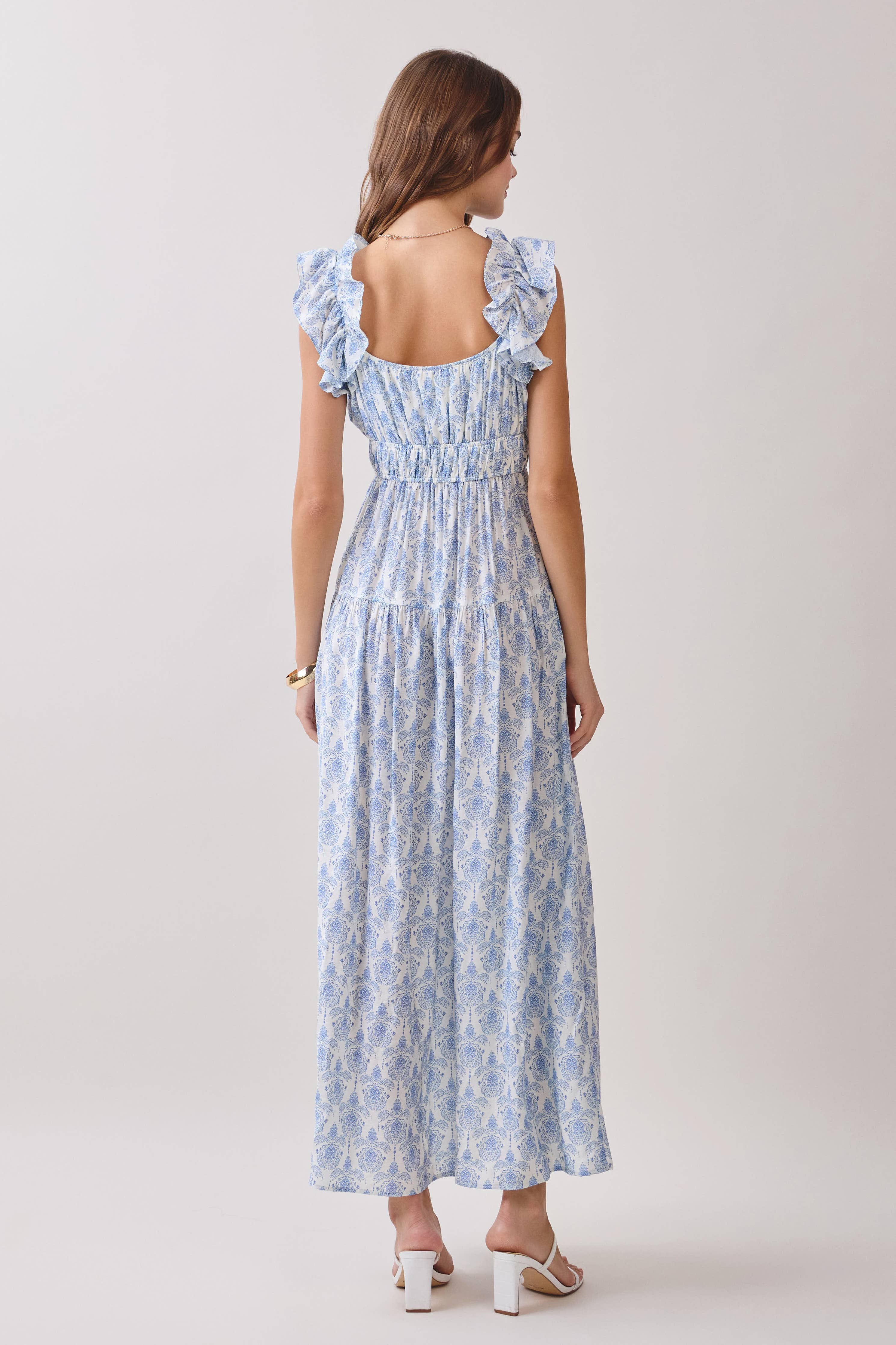 Print Ruffled Shoulder Straps Square Neck Dress: Blue