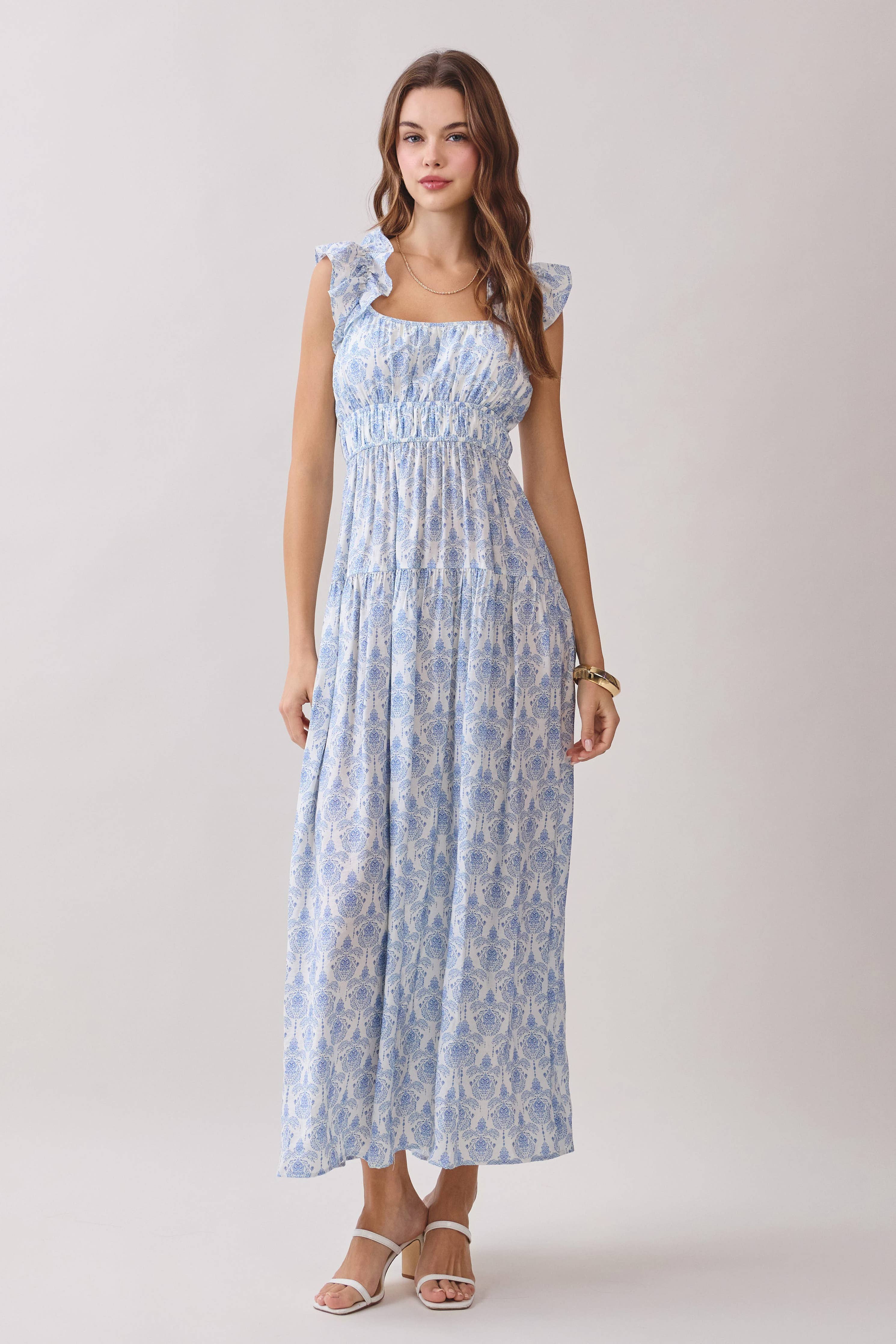 Print Ruffled Shoulder Straps Square Neck Dress: Blue