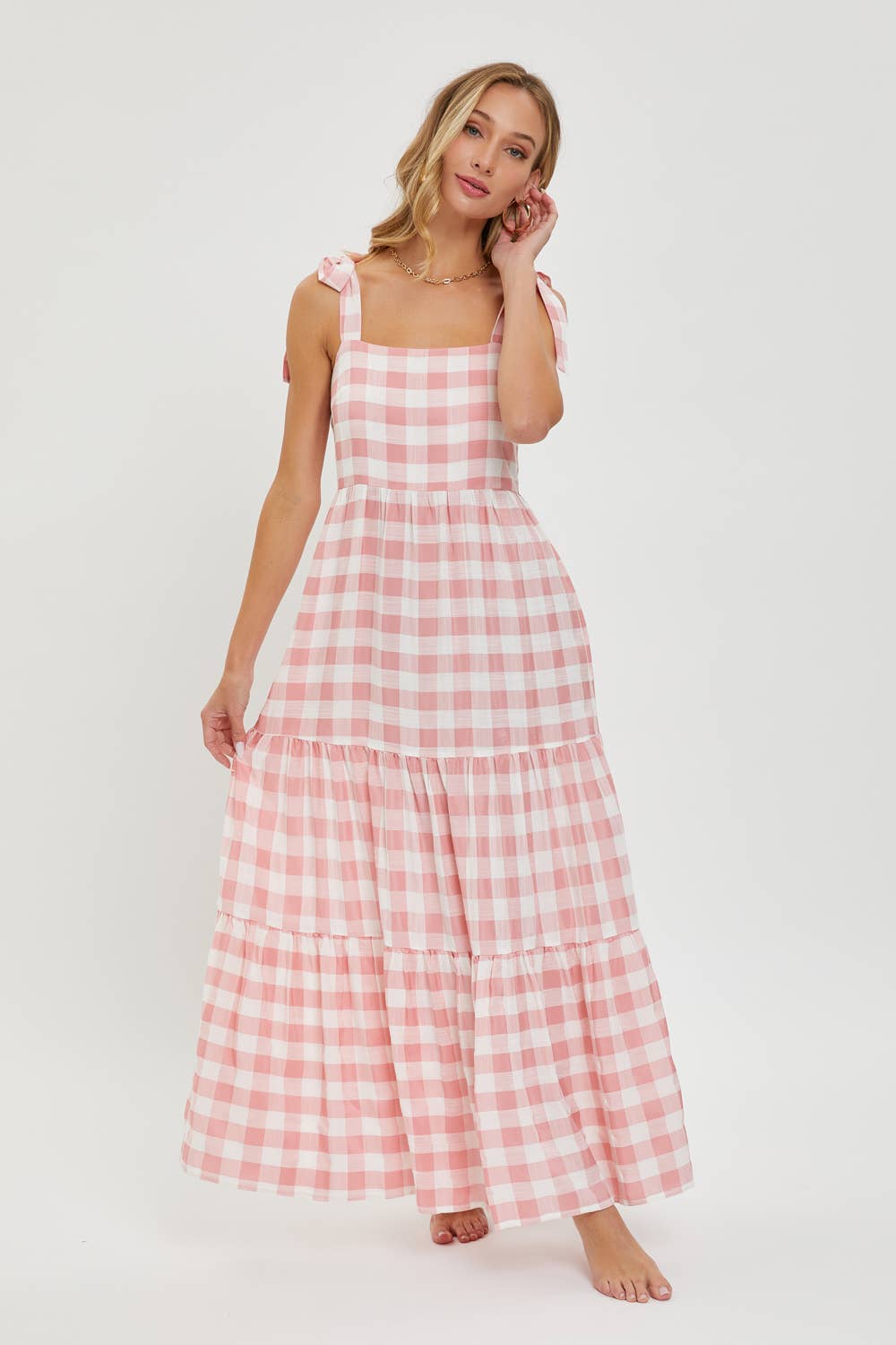 GINGHAM TIERED MAXI DRESS: TAUPE