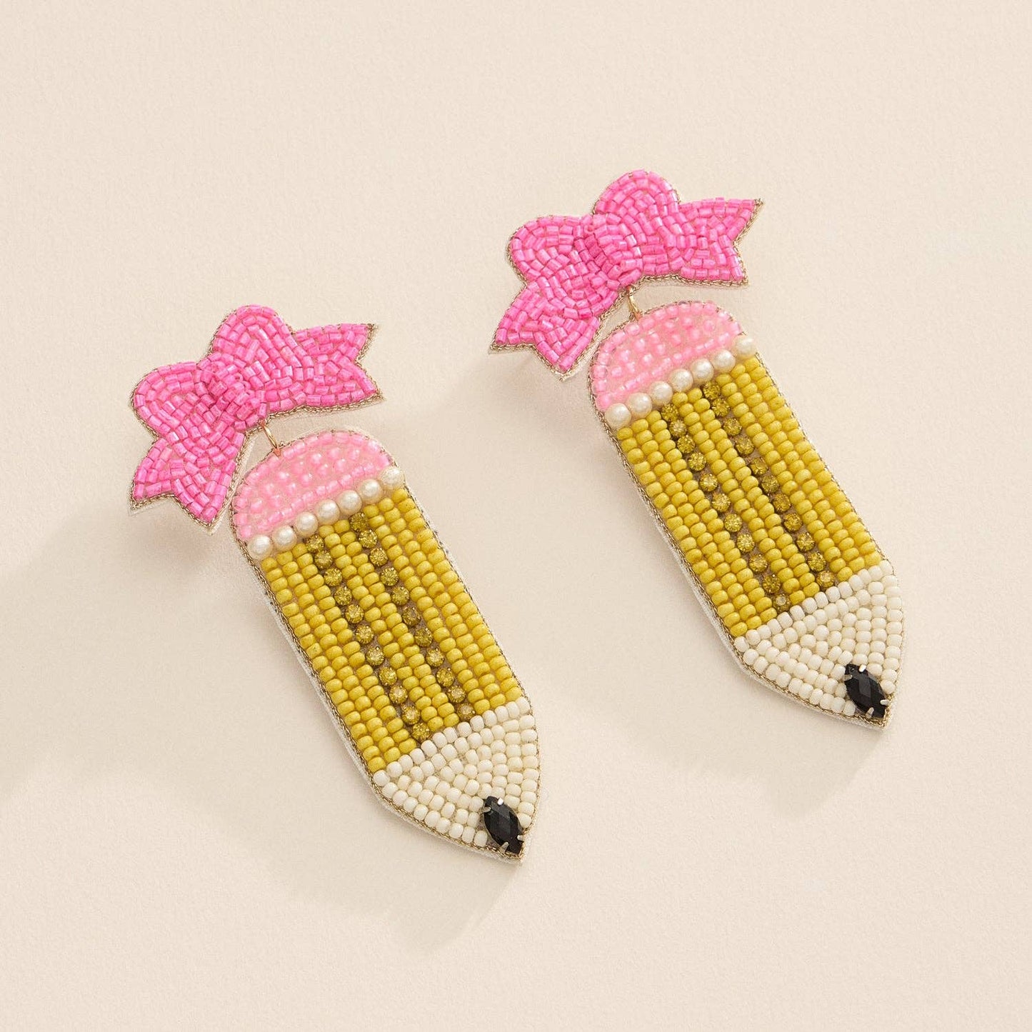 Handmade Beaded Pencil Earrings with Pink Bow for Teachers: Multicolor / One / AE1830