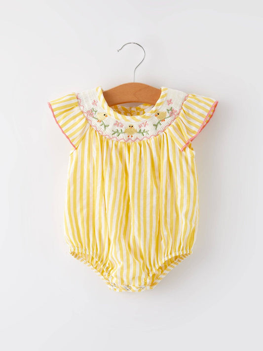 Easter Chick Floral Embroidery Smocking Girls Yellow Romper