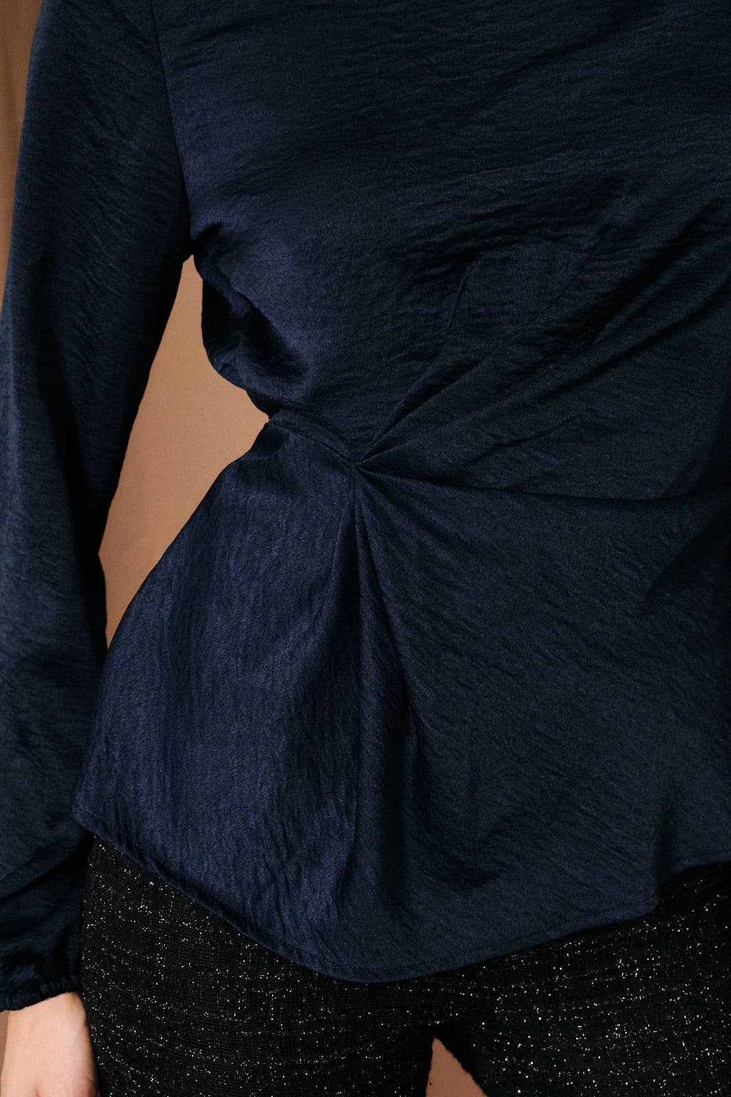 Mock Neck Asymmetric Wrap Drape Satin Top: NAVY