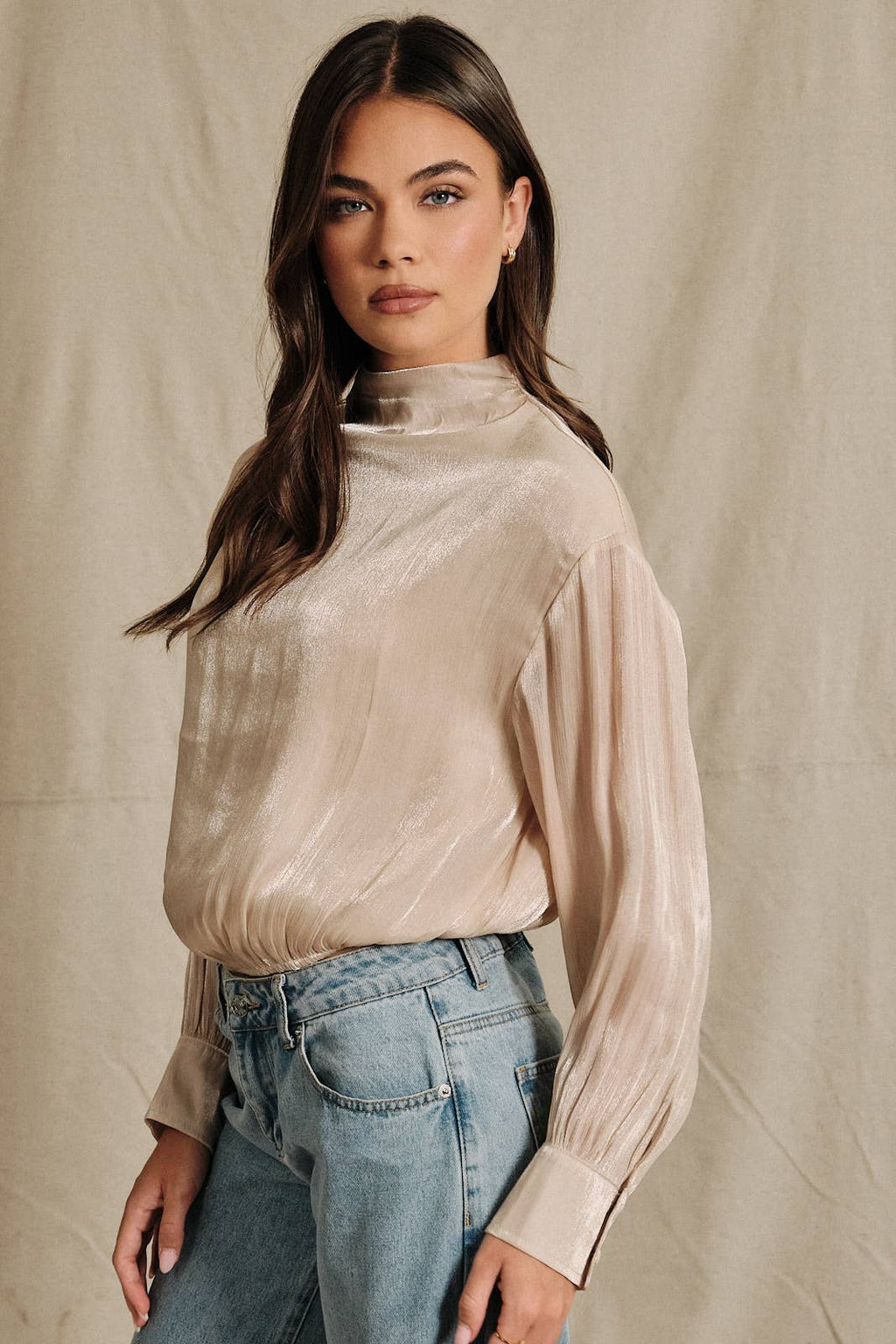 High Neck Sheer Shimmer Bubble Hem Blouse: CHAMPAGNE