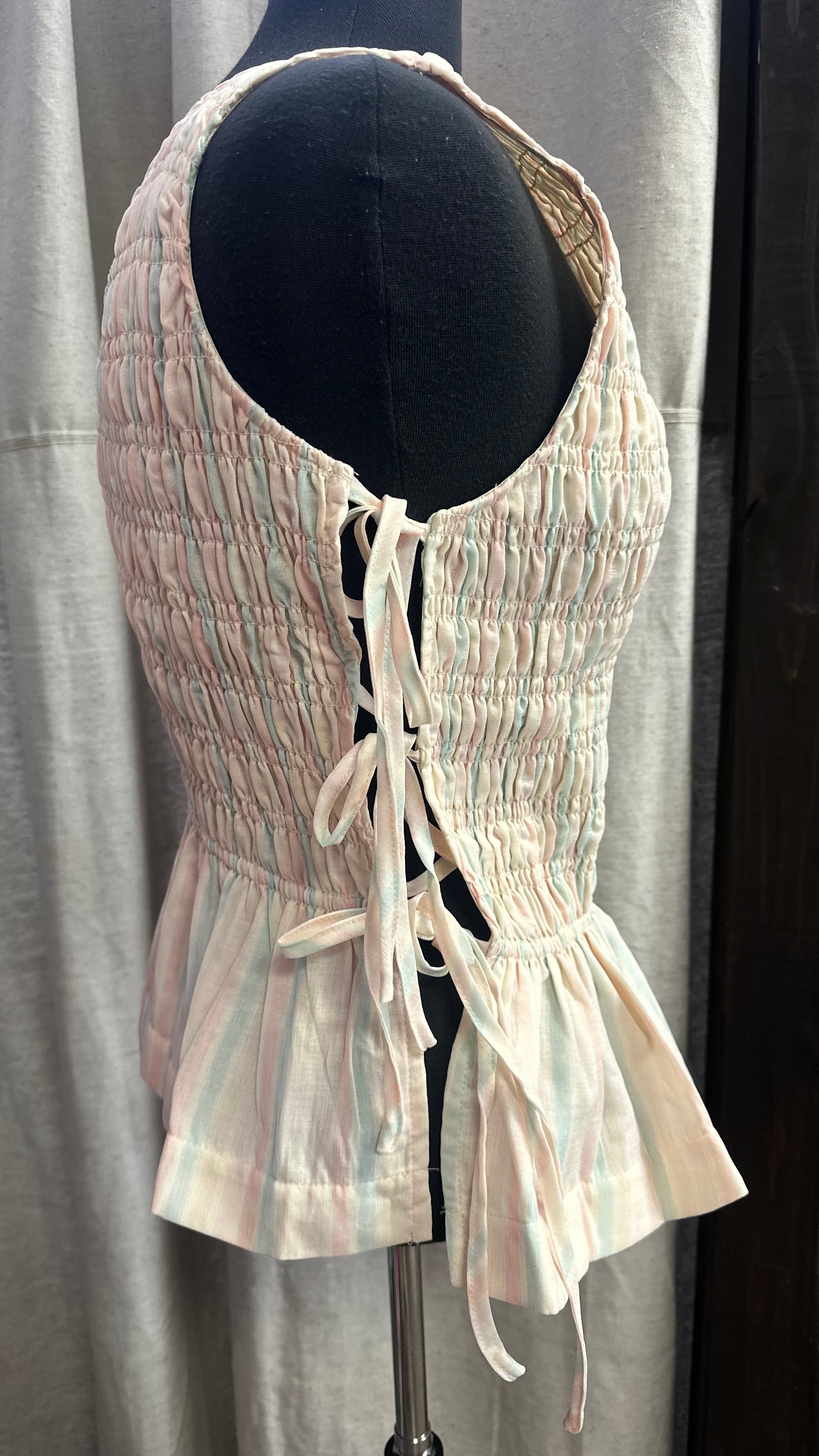 Multicolor stripe smocked side tie detail peplum top pink/blue