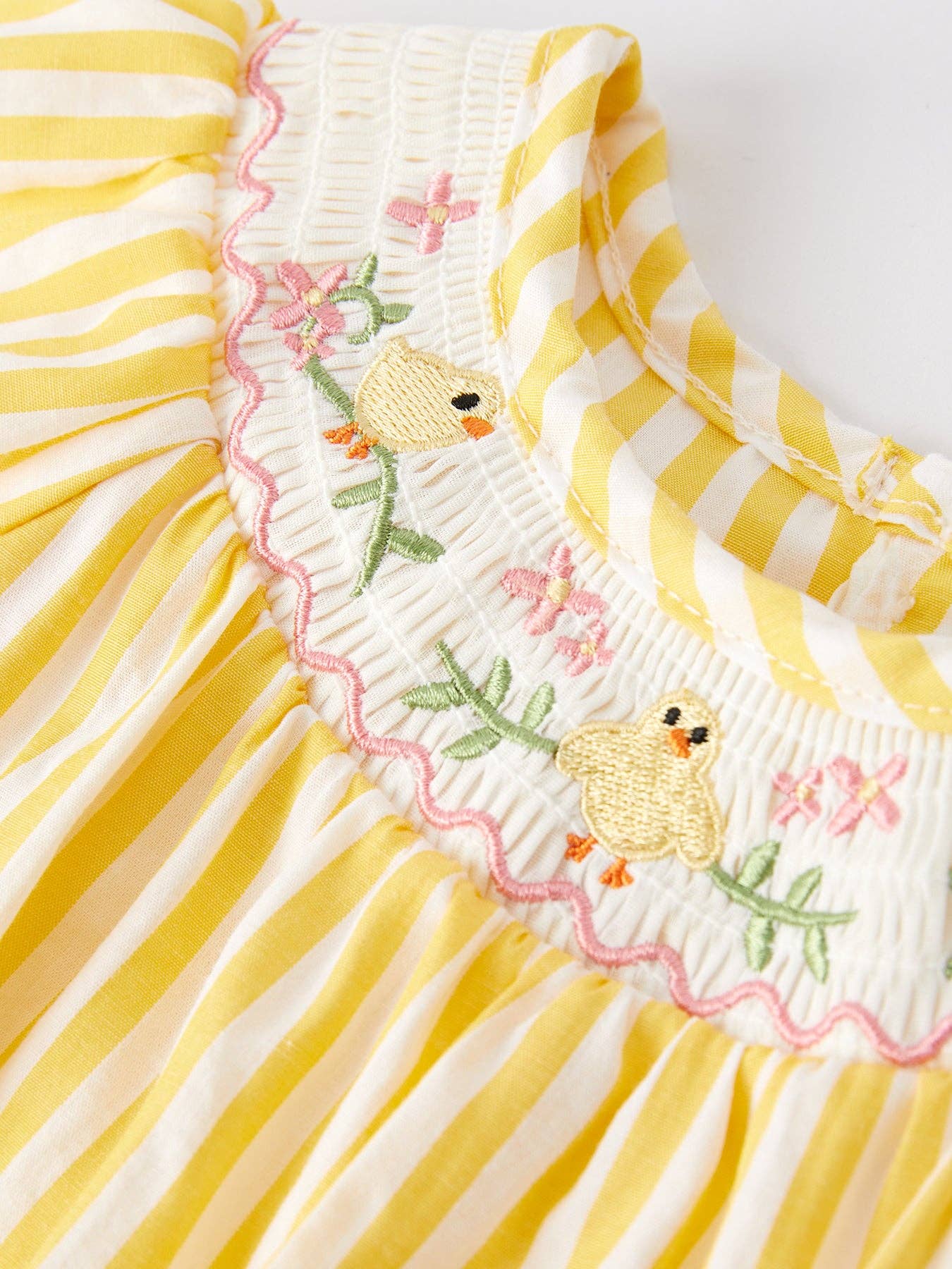 Easter Chick Floral Embroidery Smocking Girls Yellow Romper