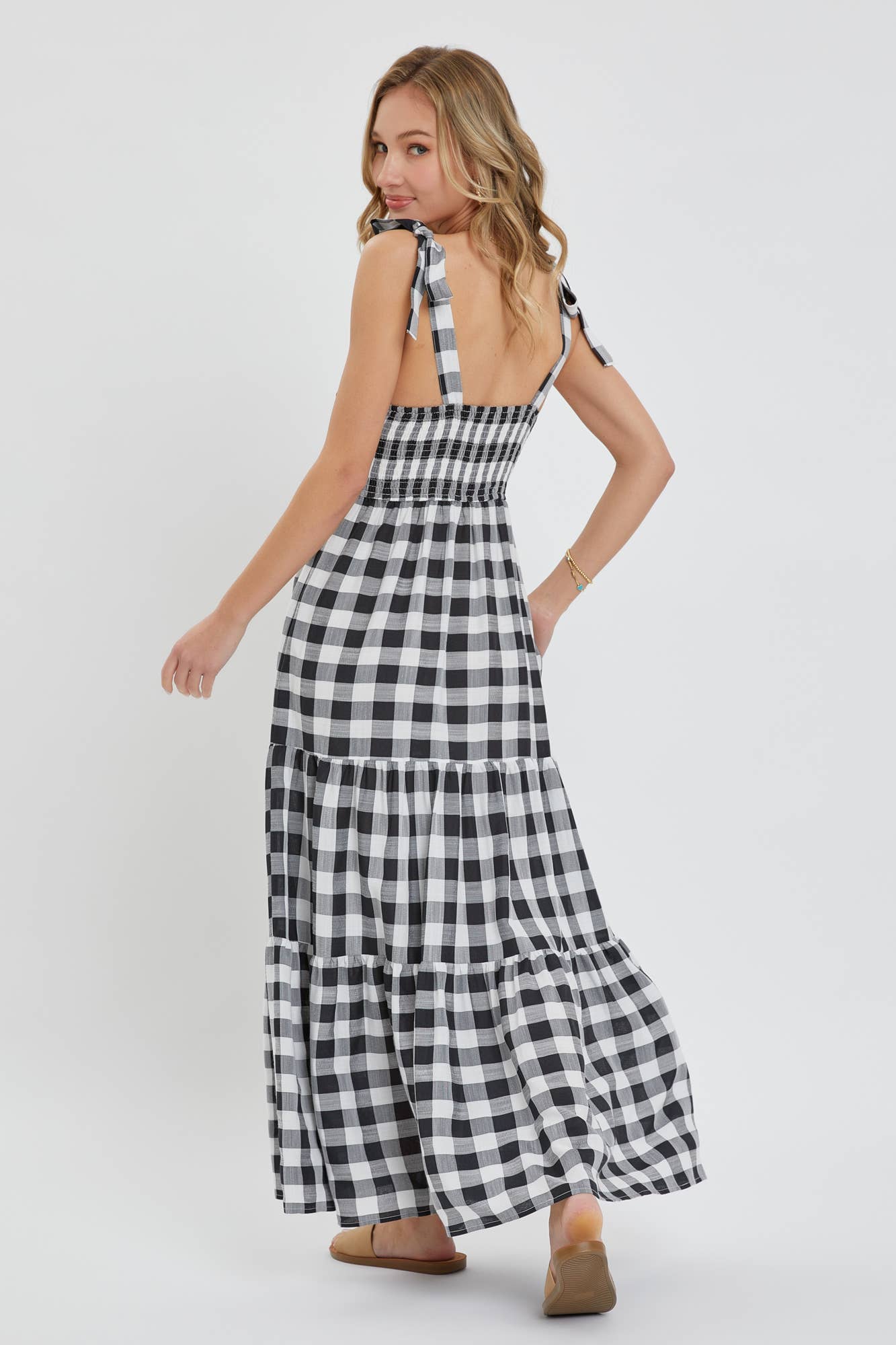 GINGHAM TIERED MAXI DRESS: TAUPE