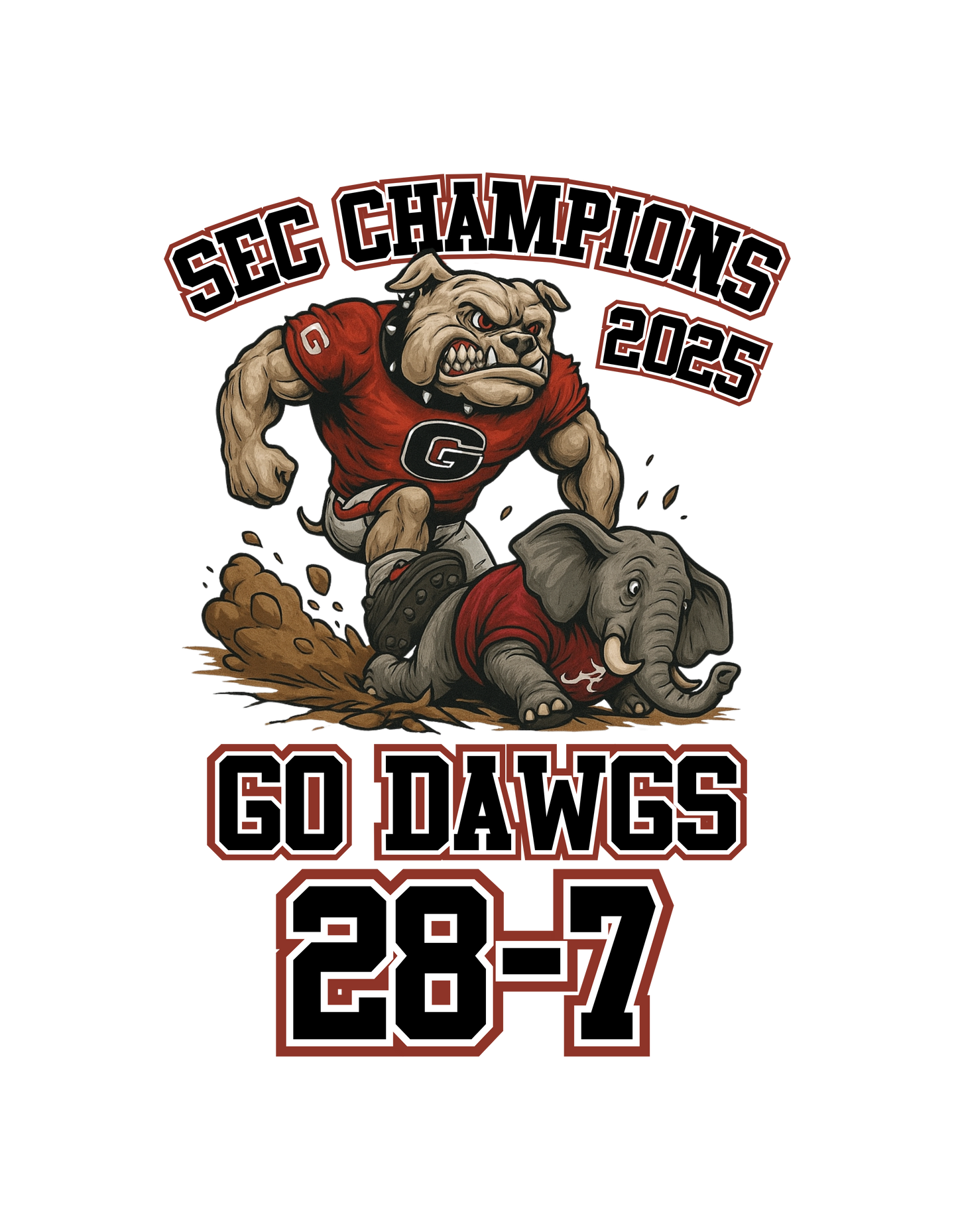 TSHIRT BAR- SEC CHAMPIONS 2025, dawg stomping elephant WITH SCORE