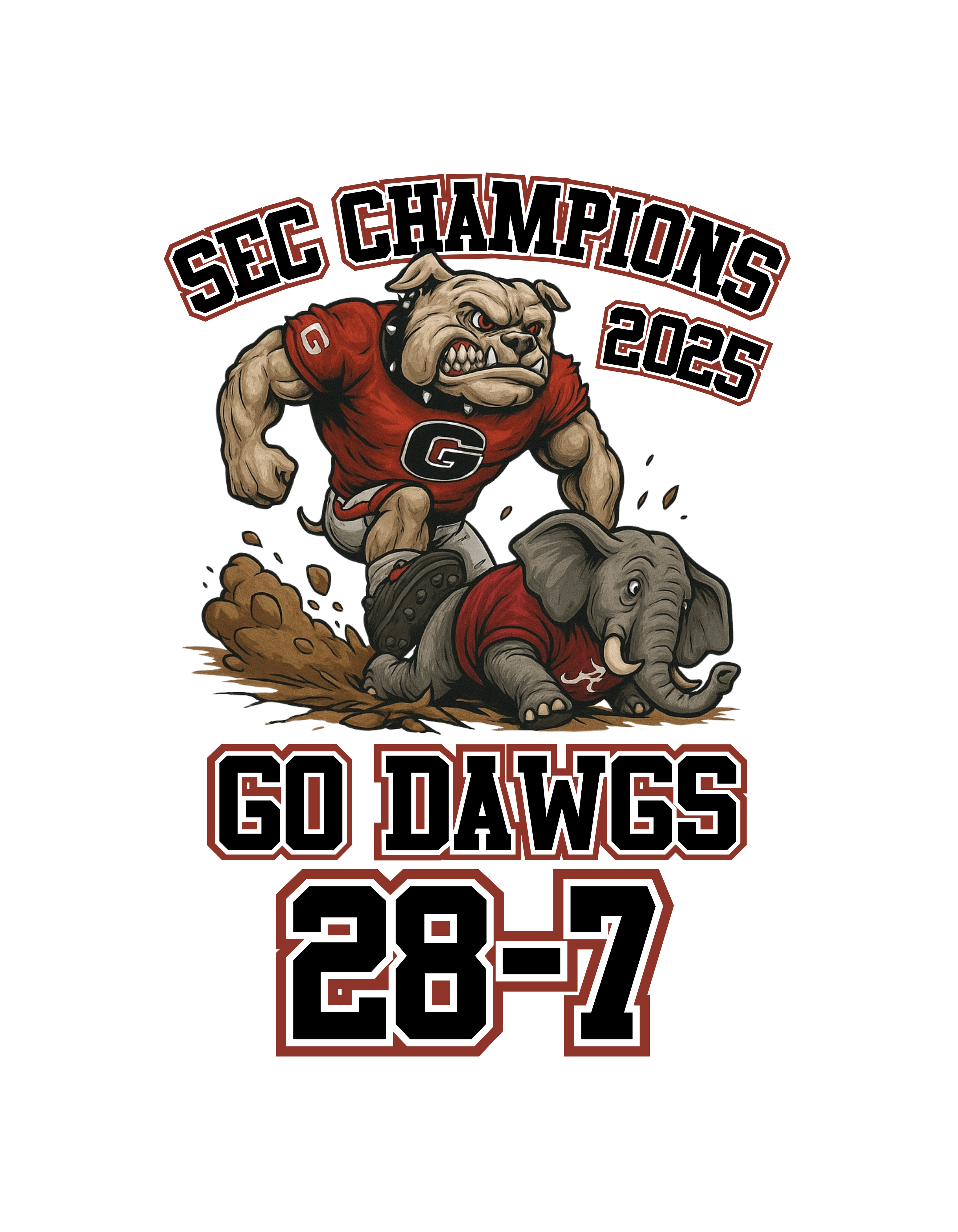 TSHIRT BAR- SEC CHAMPIONS 2025, dawg stomping elephant WITH SCORE