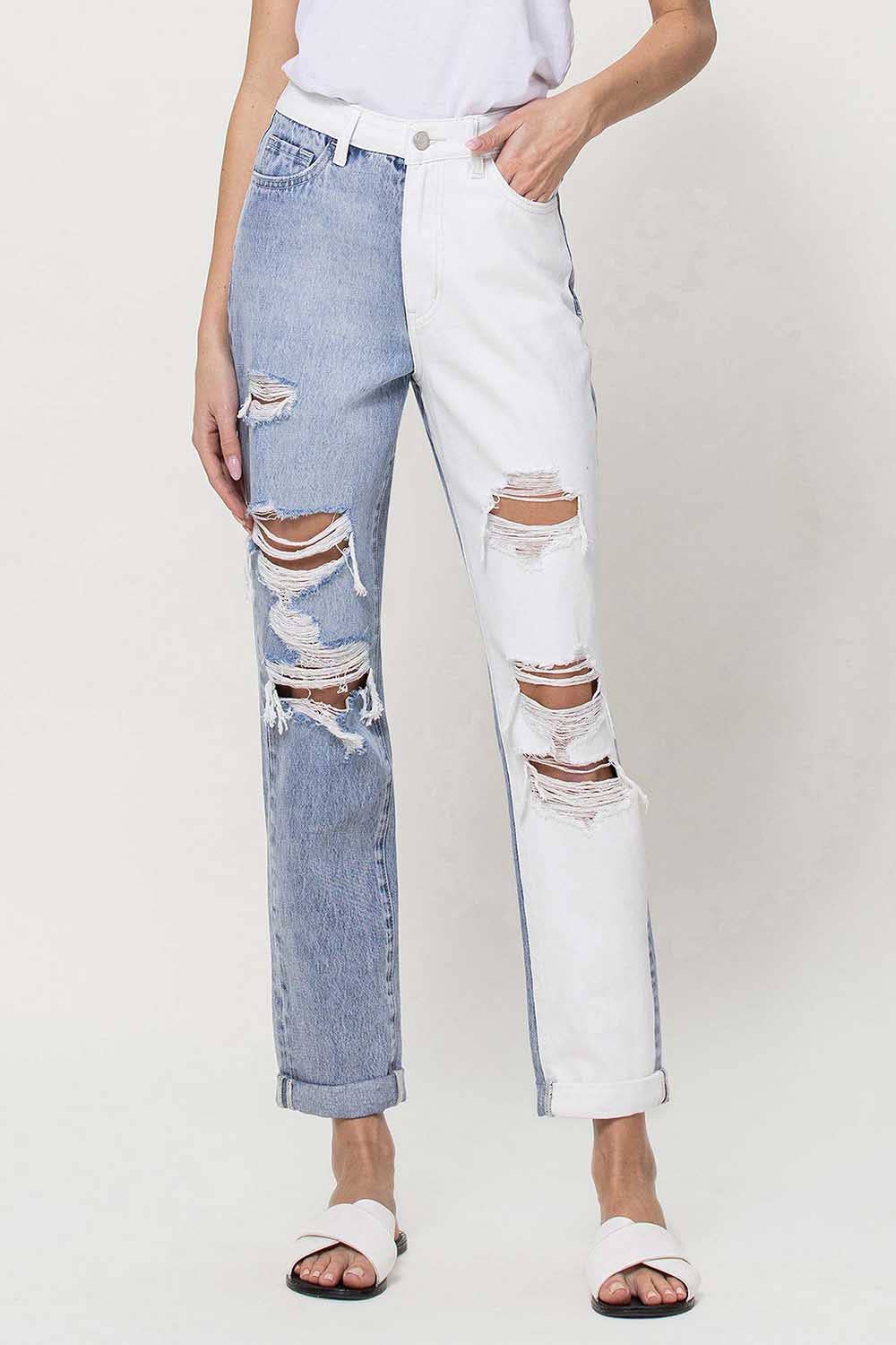 SUPER HIGH RISE SPLIT TWO TONE CUFFED MOM JEANS EMMA