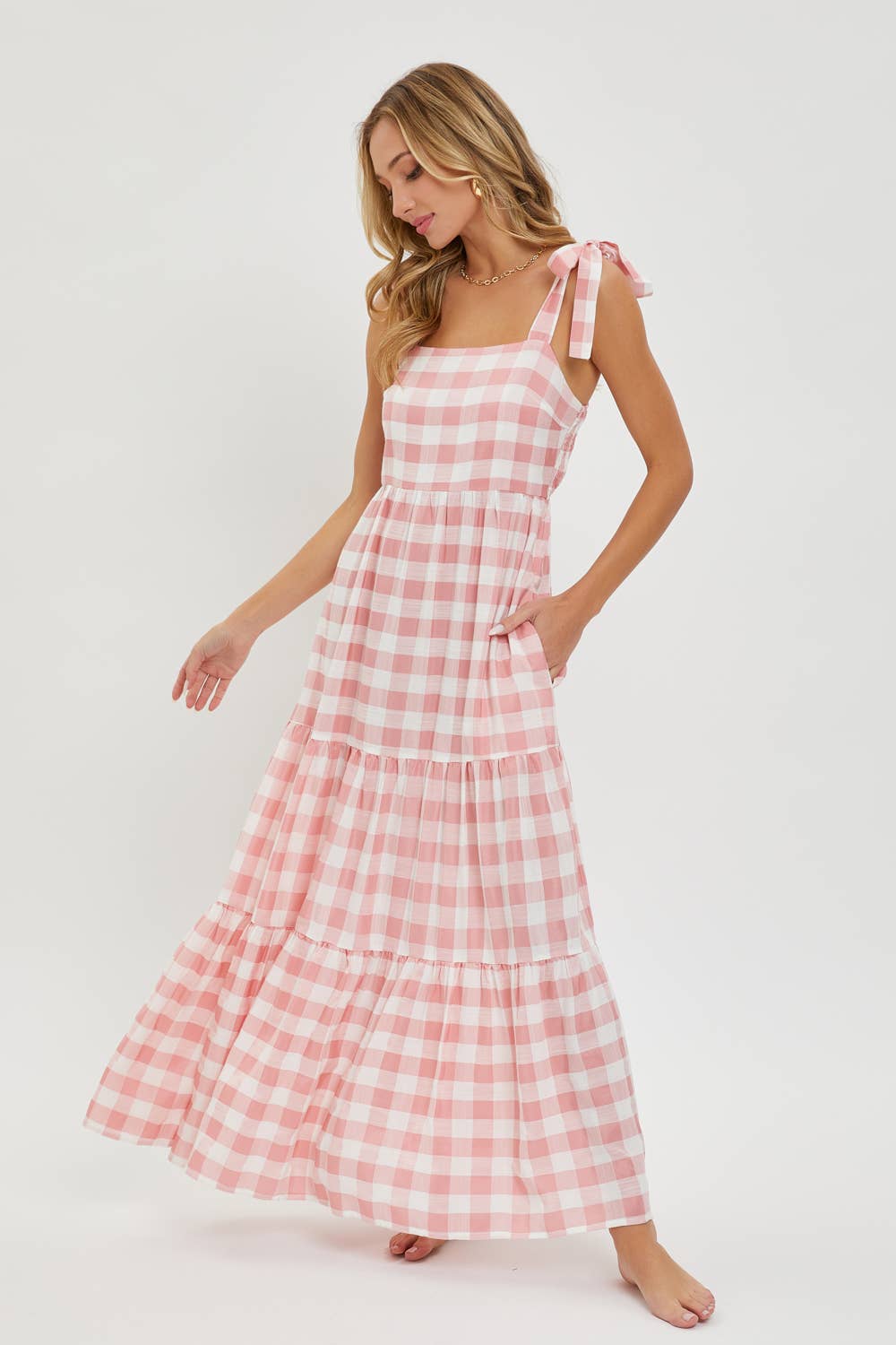 GINGHAM TIERED MAXI DRESS: TAUPE