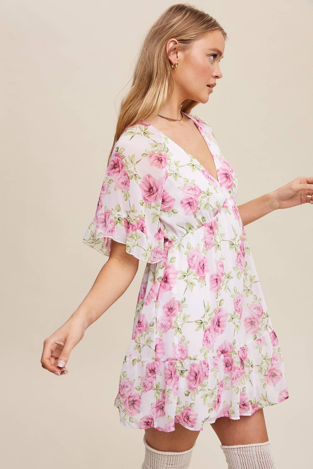 Floral Ruffle Sleeve Mini Dress: Cream