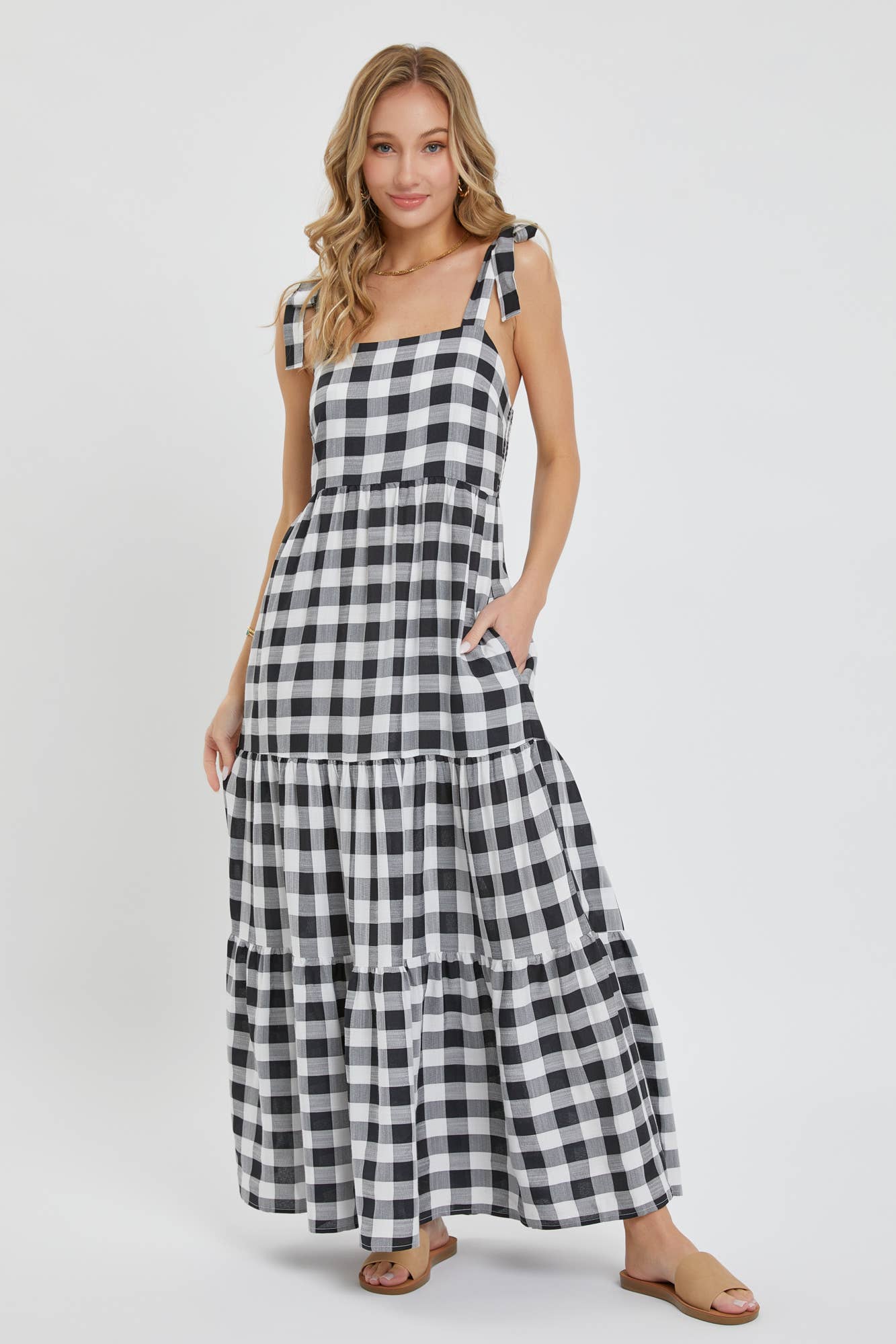 GINGHAM TIERED MAXI DRESS: TAUPE