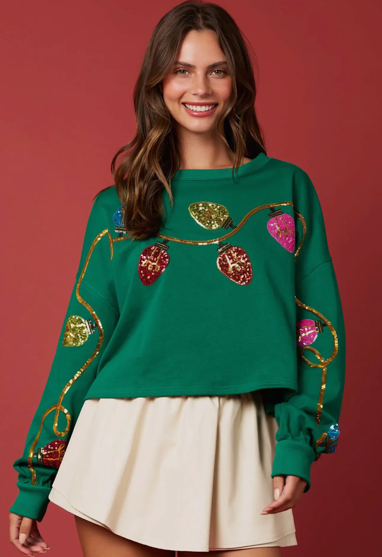 Green Christmas Lights embroidery crop sweatshirt