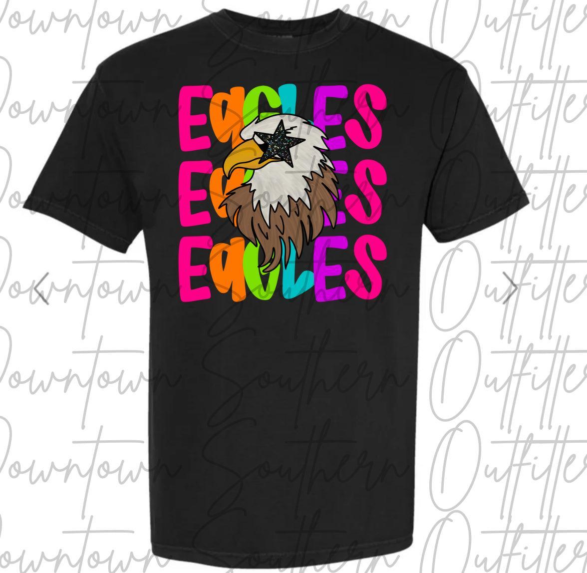 Eagles Multi Color Neon Stacked Black Tee