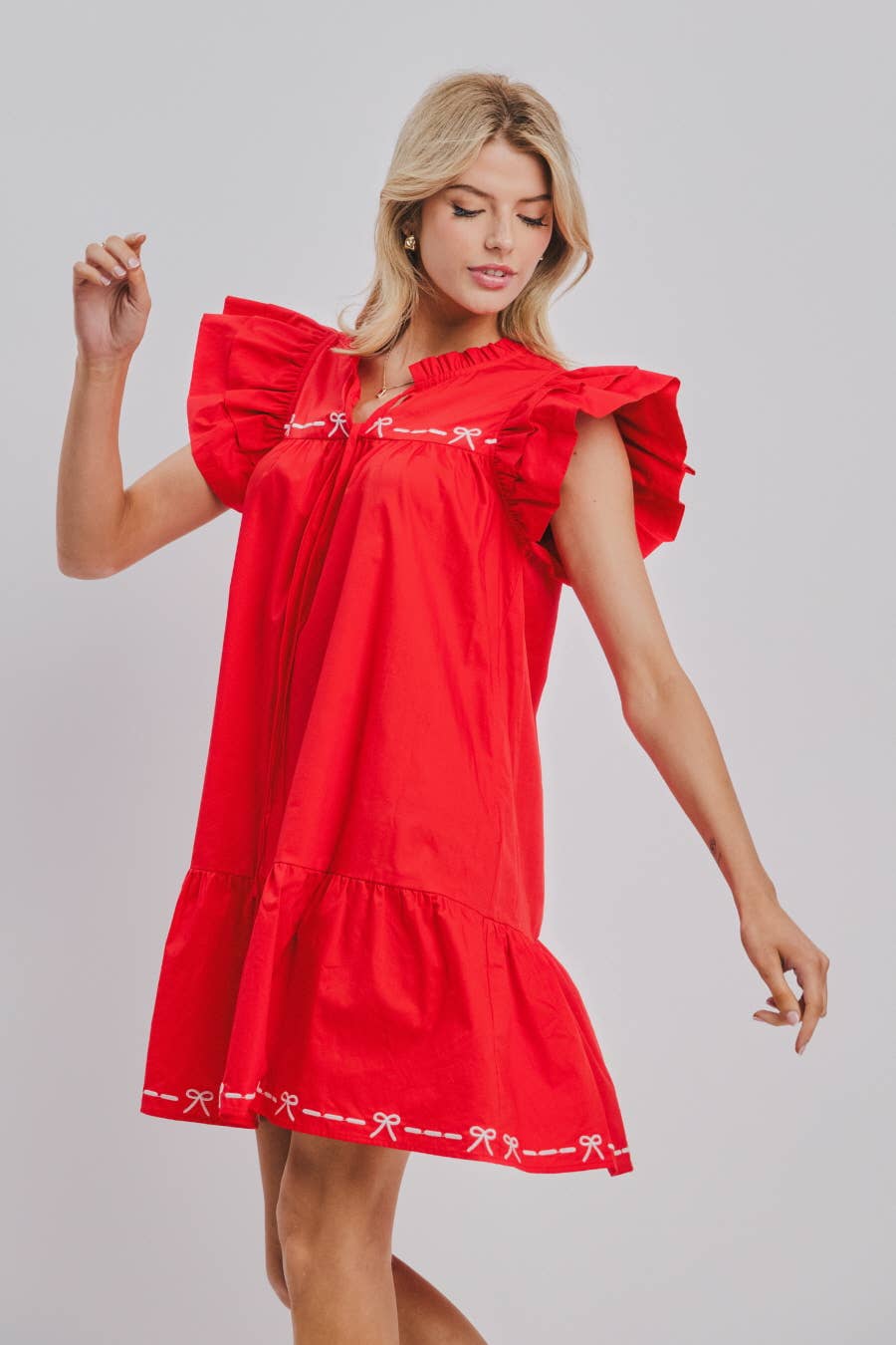 Solid Poplin Babydoll Mini Dress: Red