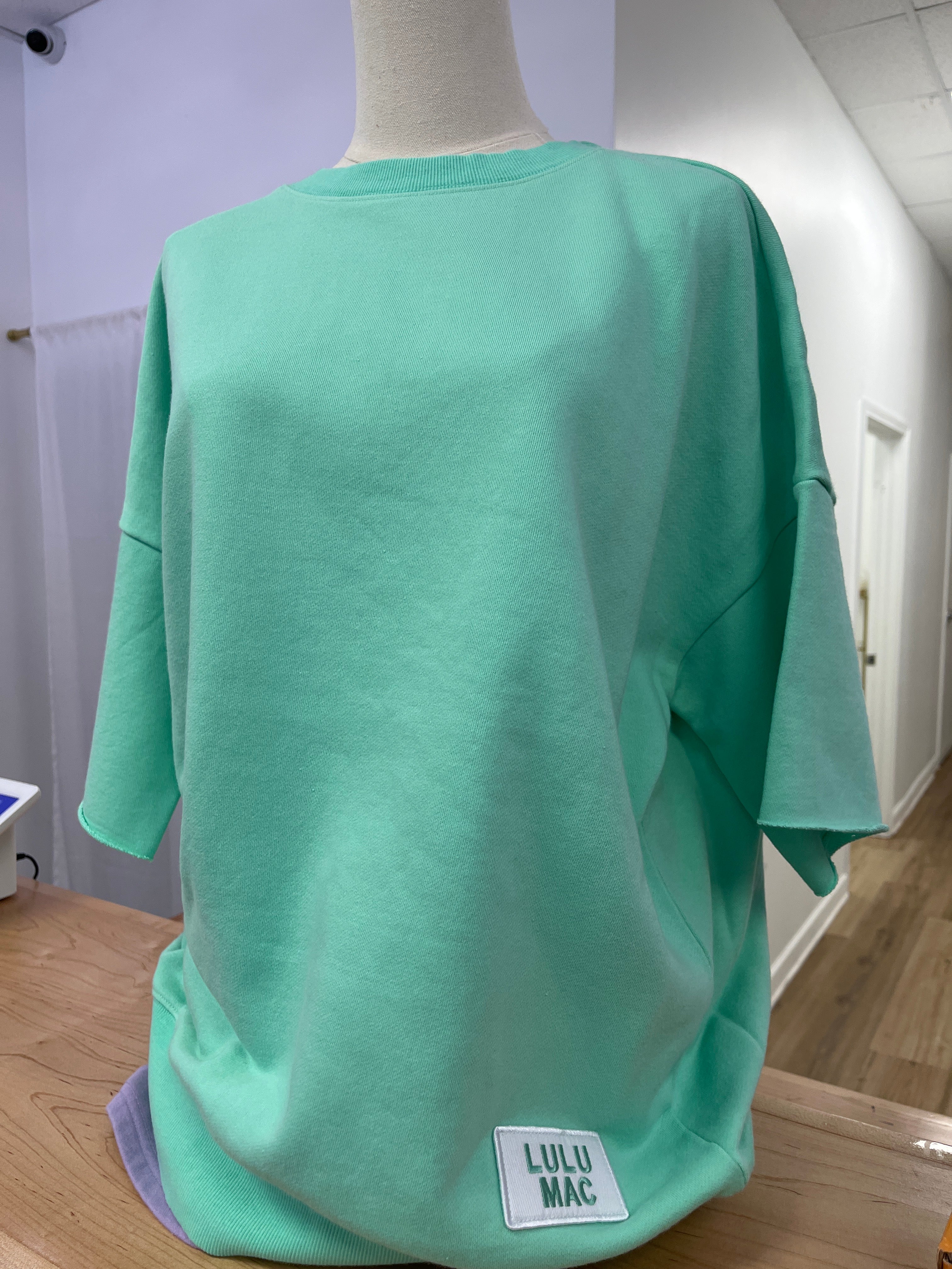 Lulu Mac Short Sleeve Terry Cloth Sweater Top- Seafoam