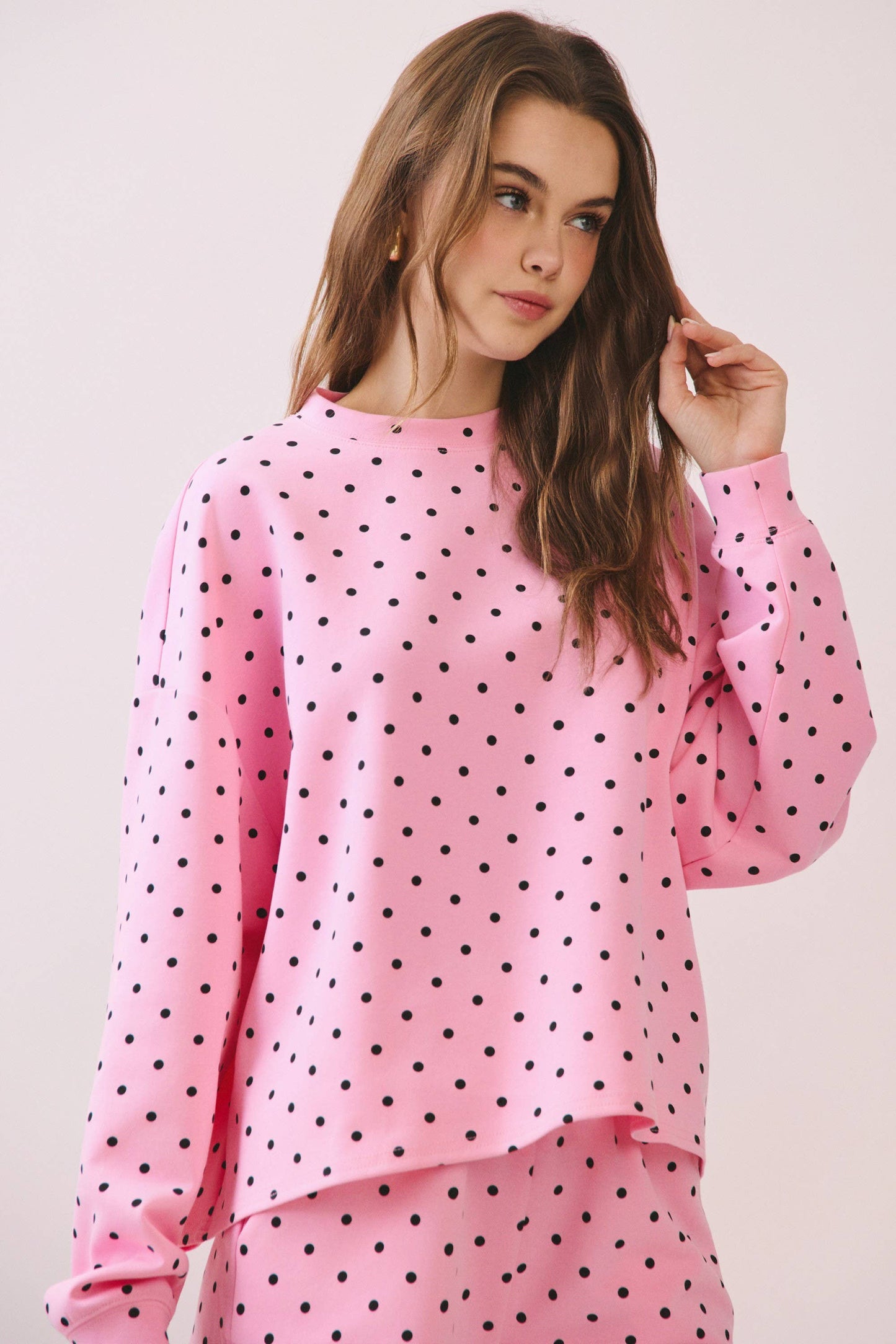 Polka Dot Print Drop Shoulder Pullover Top: Pink