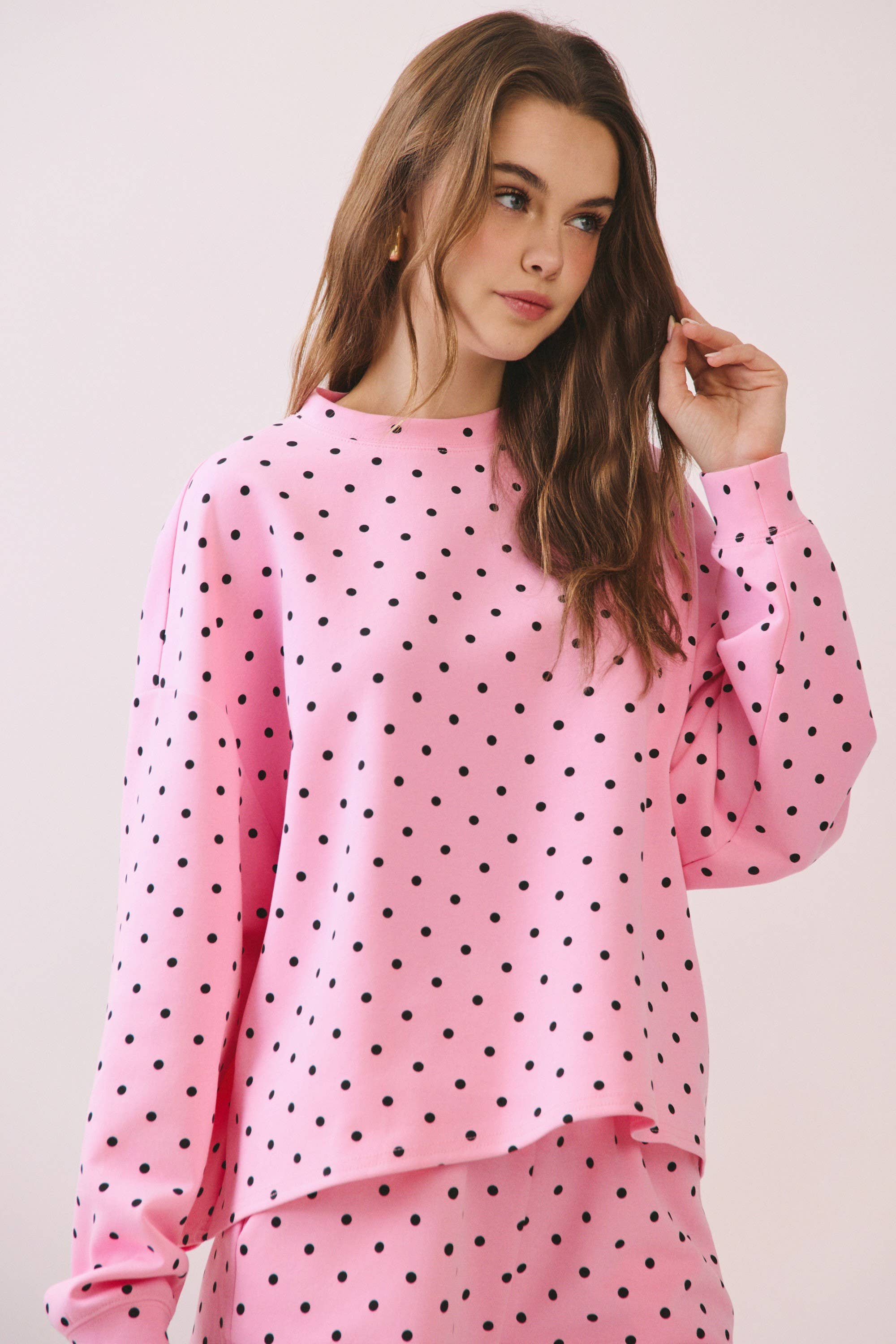 Polka Dot Print Drop Shoulder Pullover Top: Pink Sold Separate