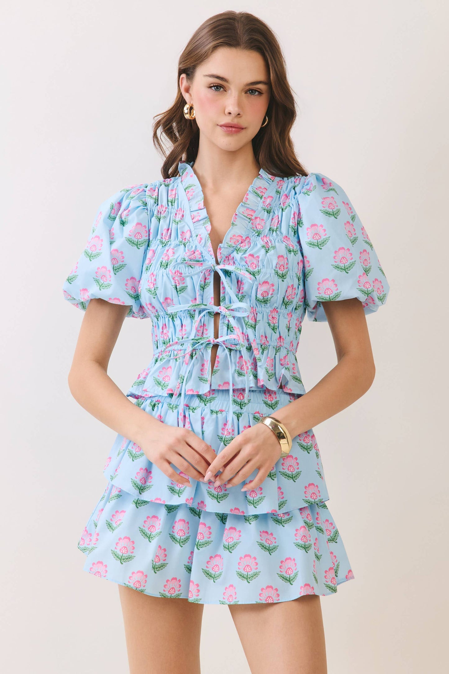 Floral Print Ruffle Trim Puff Sleeve Tie Front Top: Blue