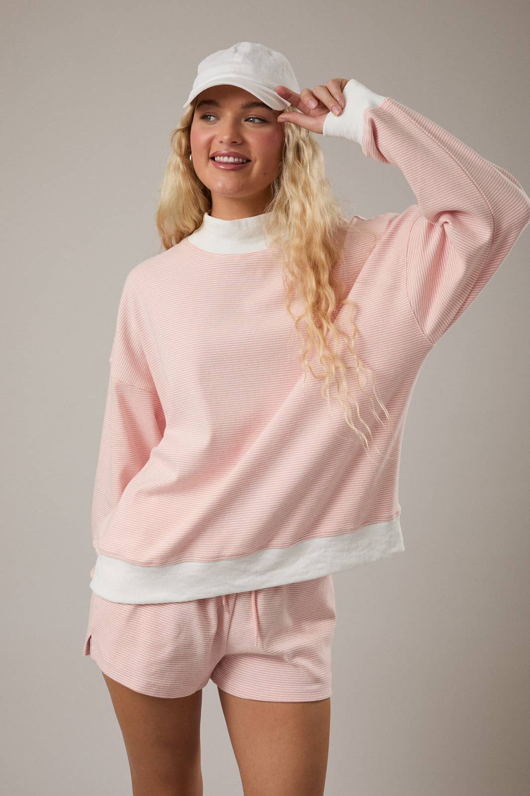 MOCK NECK STRIPE SWEATSHIRTS TOP: PEACH-CREAM STRIPE
