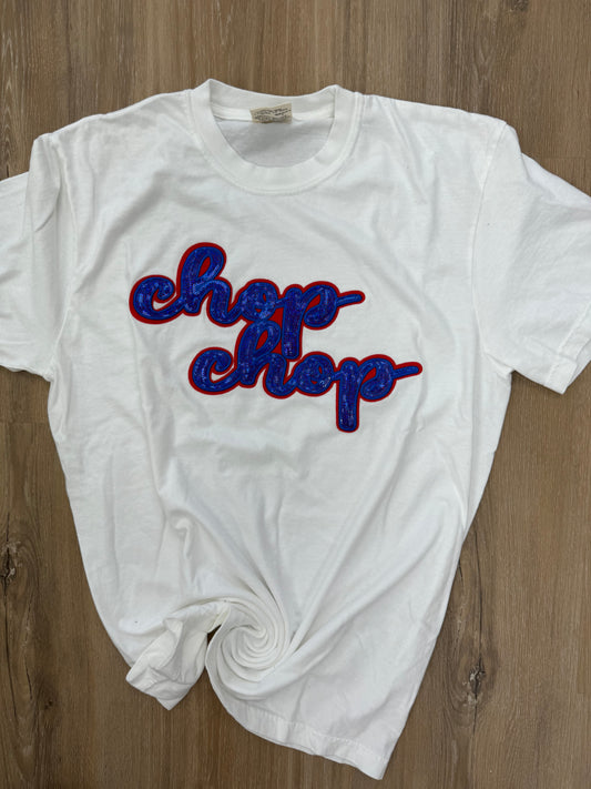 Chop Chop Cursive Sequin Patch Embroidered Tee