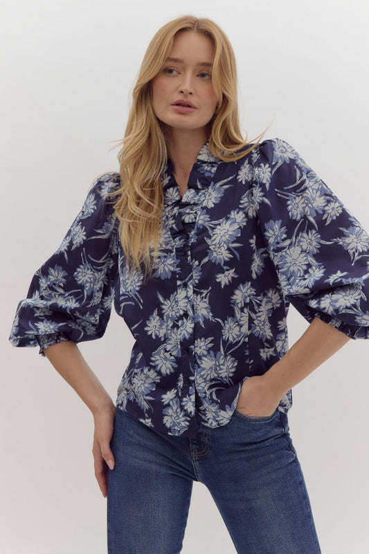 Floral print ruffle neck smocked cuff long sleeve button down poplin blouse