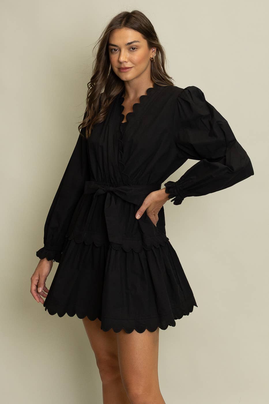 Scalloped Wrap Dress: Black