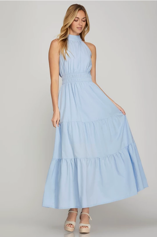 BLUE HALTER WOVEN PINTUCK TIERED MAXI DRESS WITH ELASTIC WAIST BAND AND POCKETS