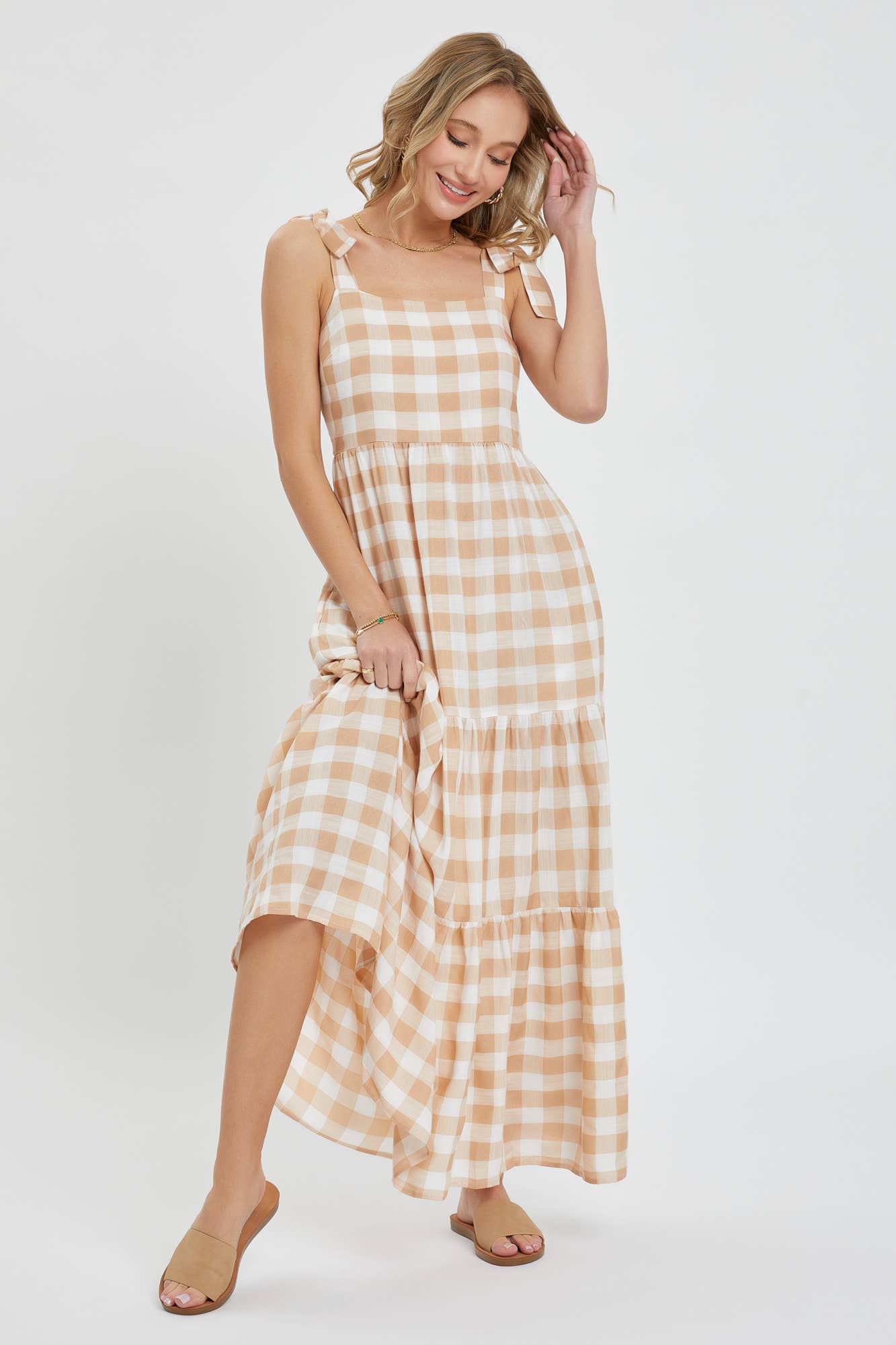 GINGHAM TIERED MAXI DRESS: TAUPE