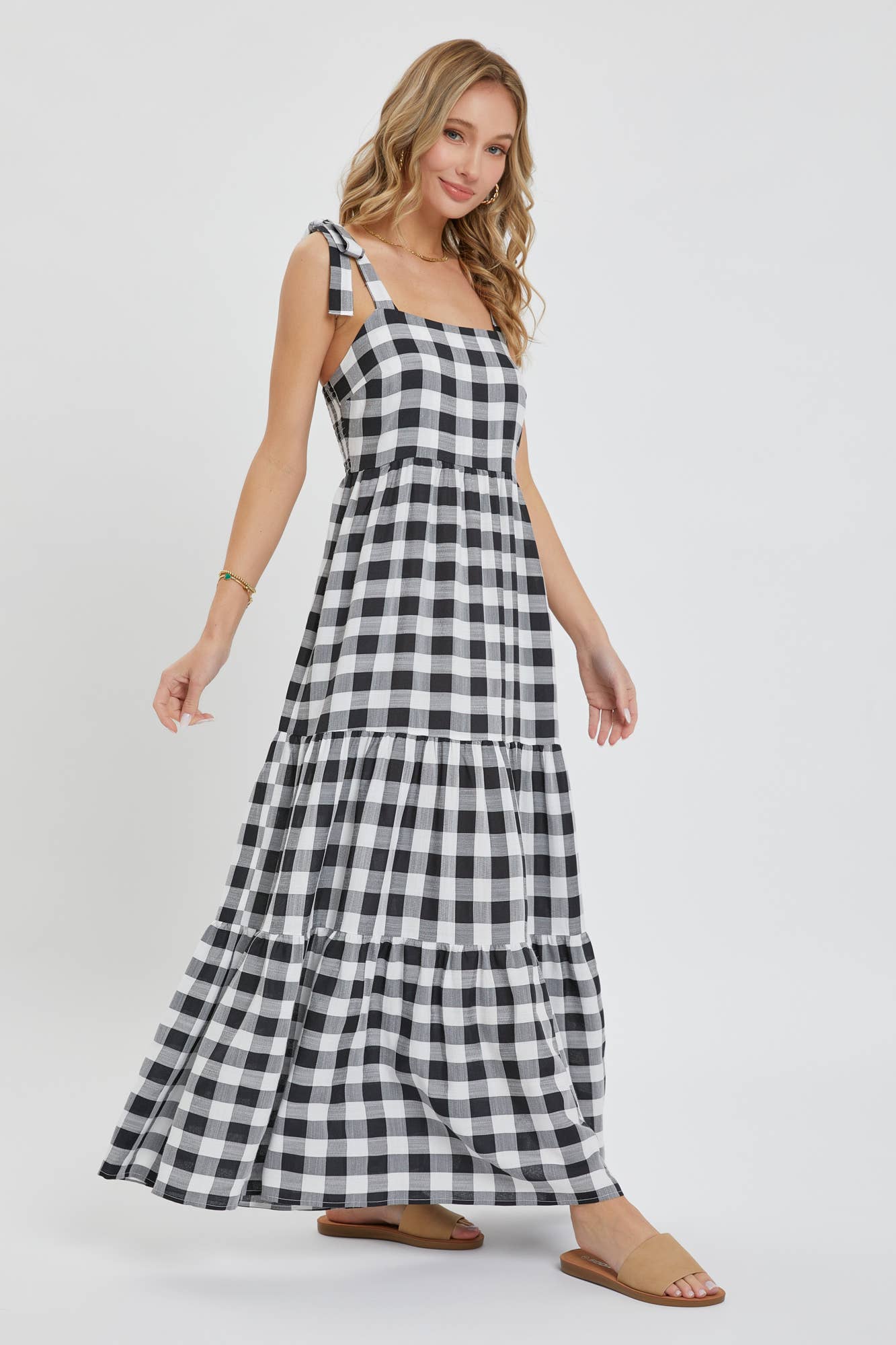 GINGHAM TIERED MAXI DRESS: TAUPE