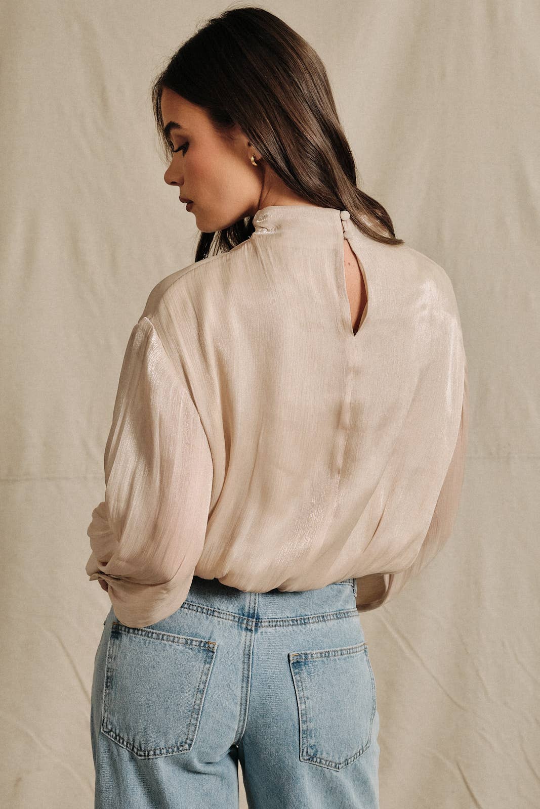High Neck Sheer Shimmer Bubble Hem Blouse: CHAMPAGNE