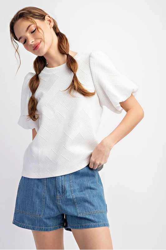 WHITE TEXTURED PUFF SLEEVE BLOUSE TOP