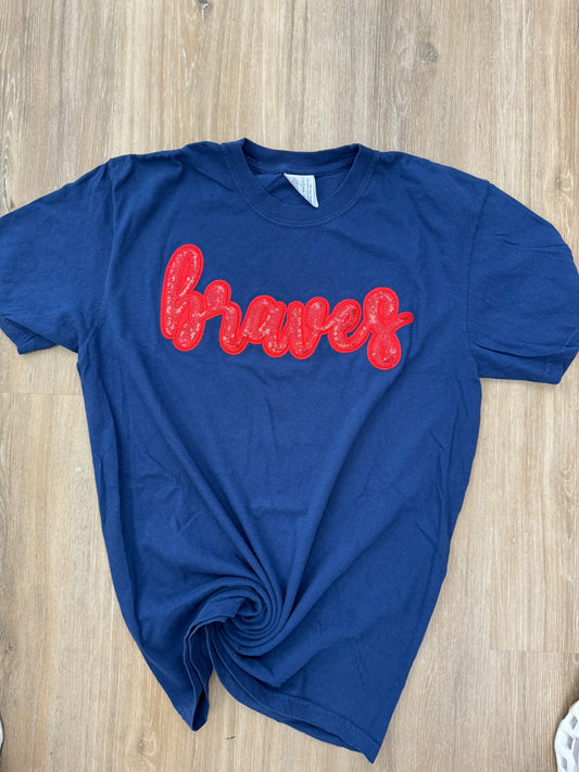 Braves Red Cursive Sequin Patch Embroidered Tee