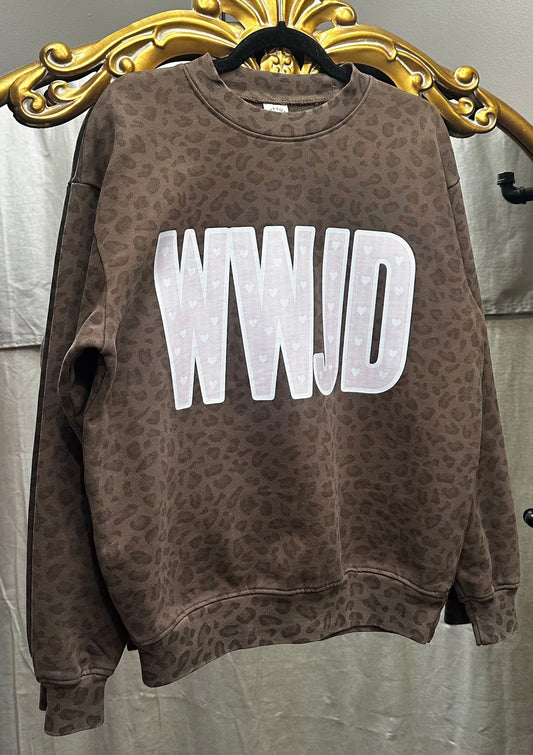 WWJD pink on cheetah sweatshirt