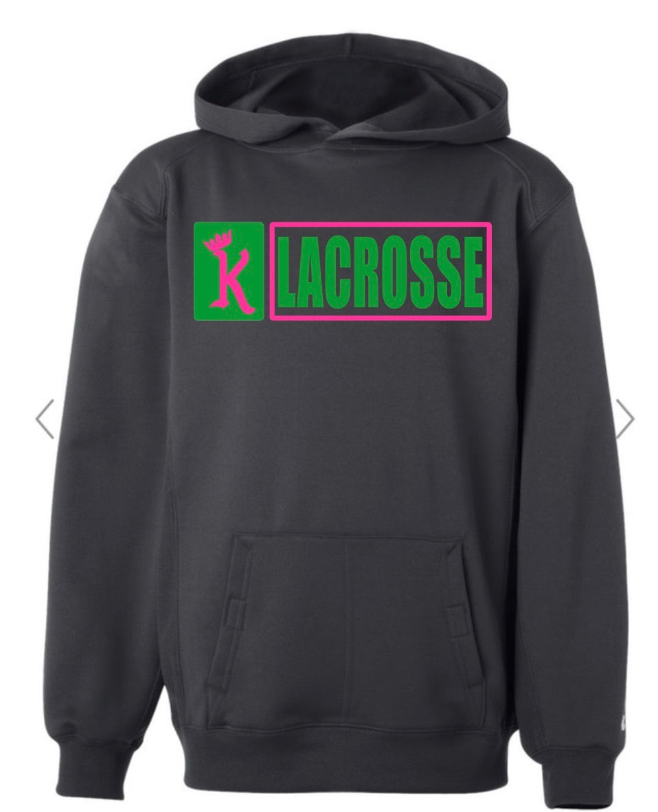 Kings Lacrosse Box Outline on Dark Grey BADGER PERFORMANCE FLEECE HOODIE