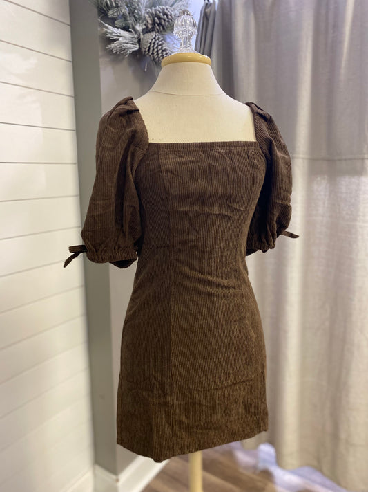 Corduroy Square Neck Puff Sleeve Mini Dress With Ties