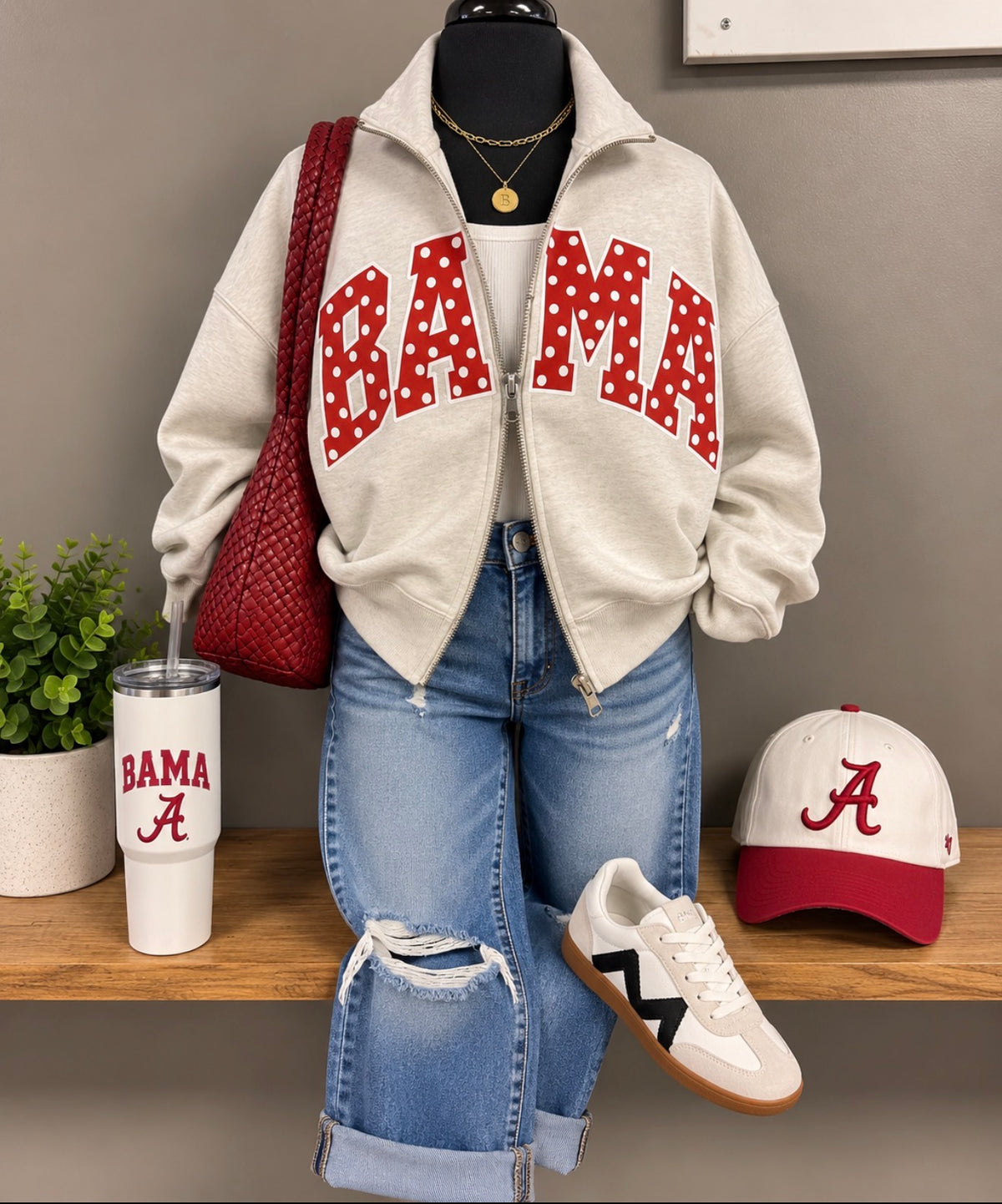 BAMA polka dot grey varsity dual zip fleece jacket