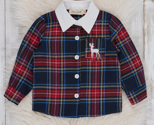 Youth Embroidered Reindeer Plaid Button Up Shirt