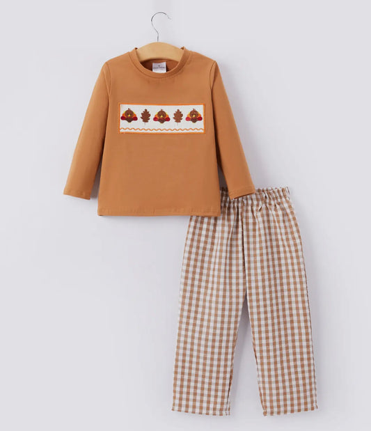 Youth Boys Thanksgiving Embroidered Brown Plaid Outfit