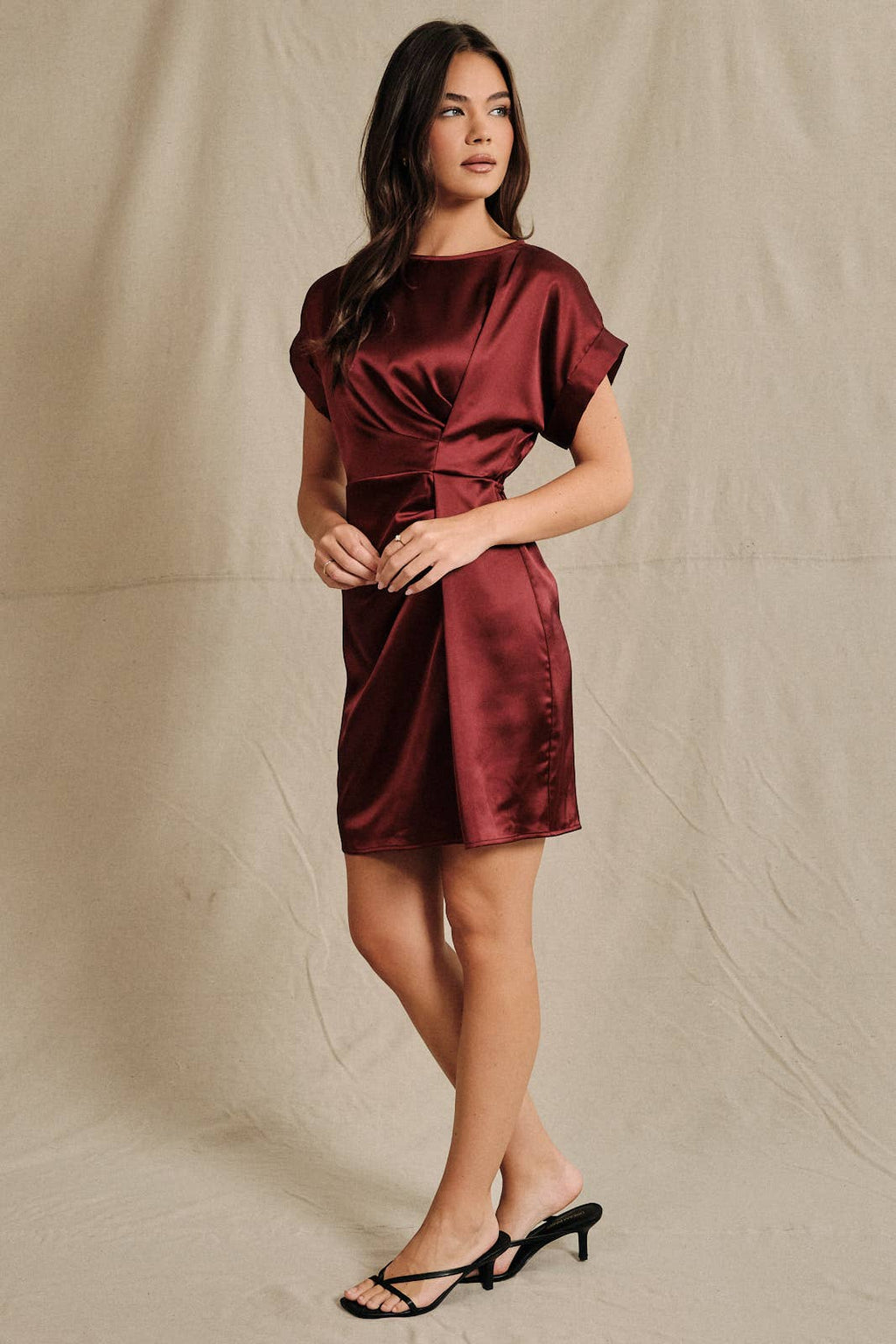 Cuffed Cap Sleeve Pleated Satin Fit & Flare Mini Dress: Burgundy