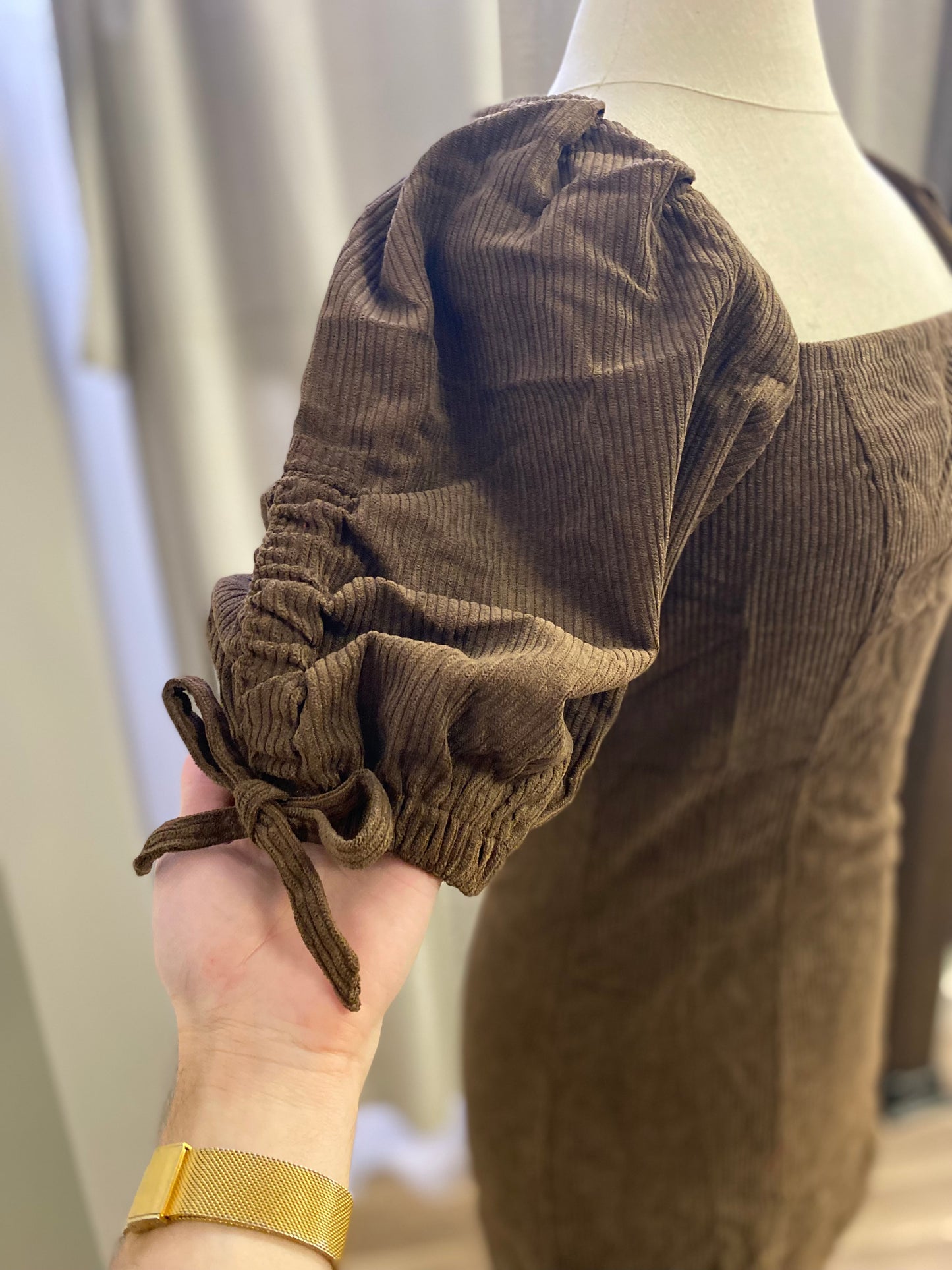 Corduroy Square Neck Puff Sleeve Mini Dress With Ties